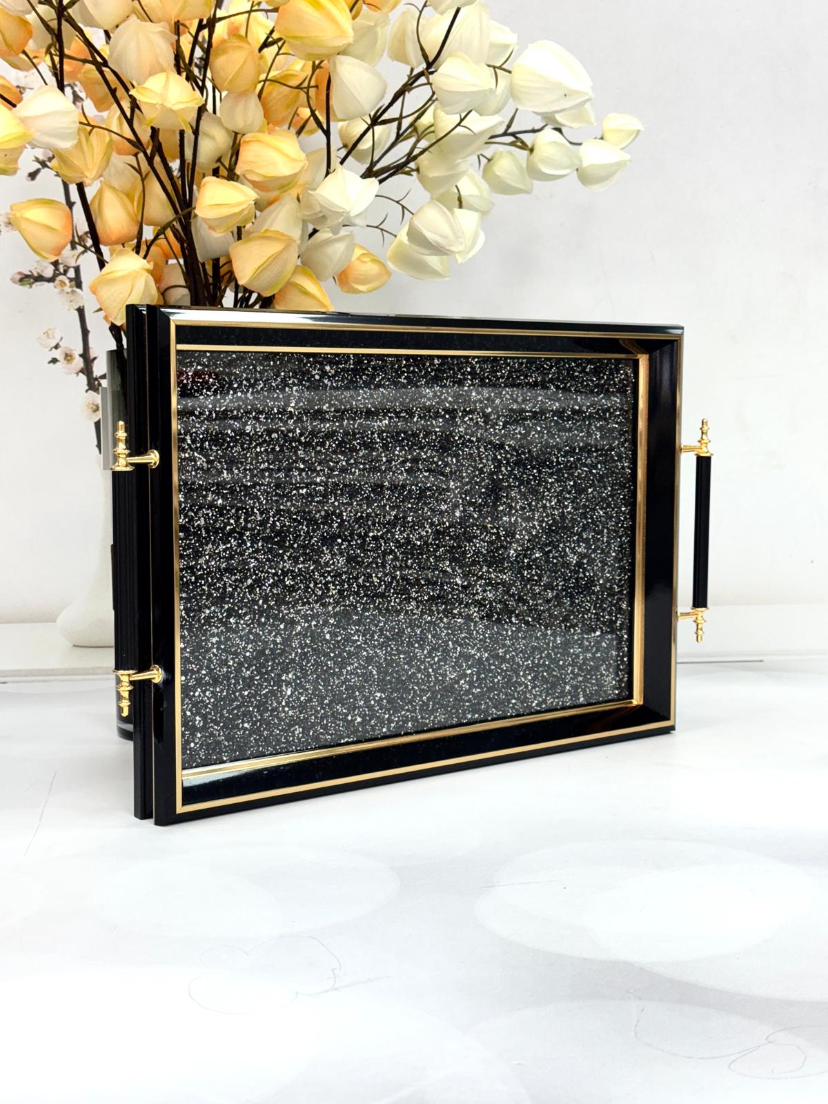 Dikdörtgen Lüx Tepsi Simli Siyah -Siyah Çerçeve 45/31 Cm