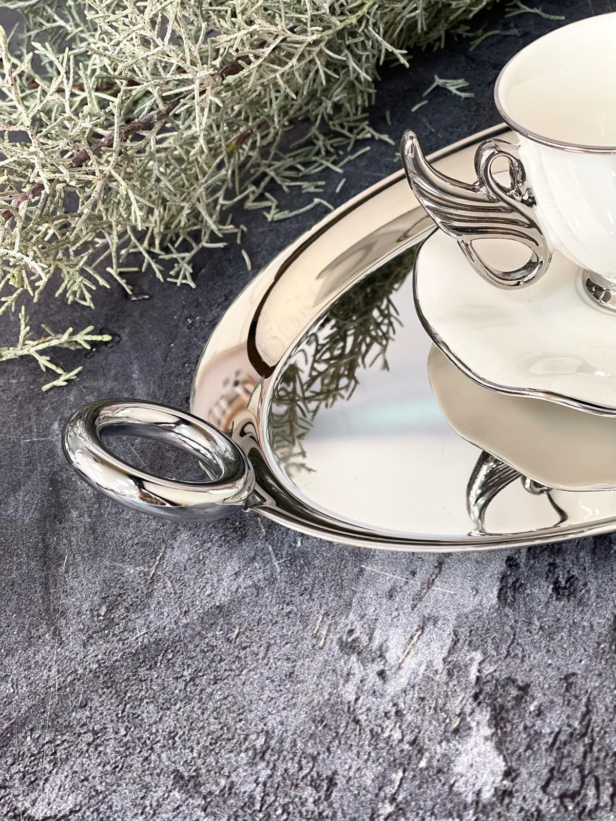 AROW Arow Luxury Oval   Gümüş  Kulp Tepsi 25x18 cm