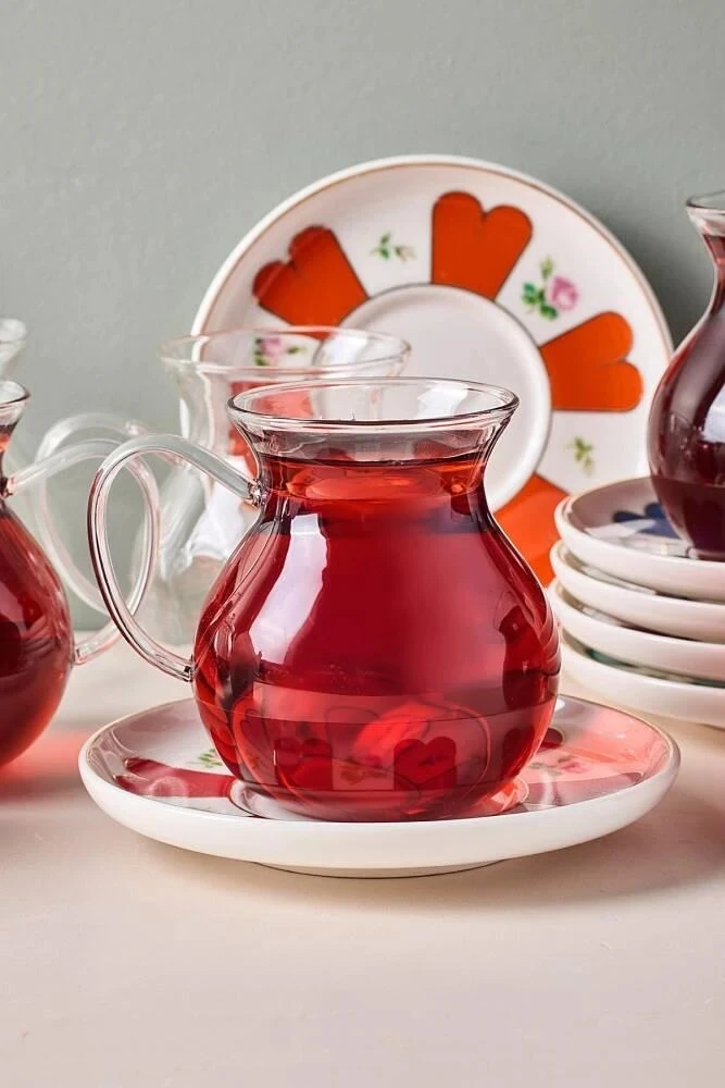 Perotti BEYOĞLU 12 PARÇA ÇAY SETİ KULPLU RENGARENK TABAKLI 210 ML