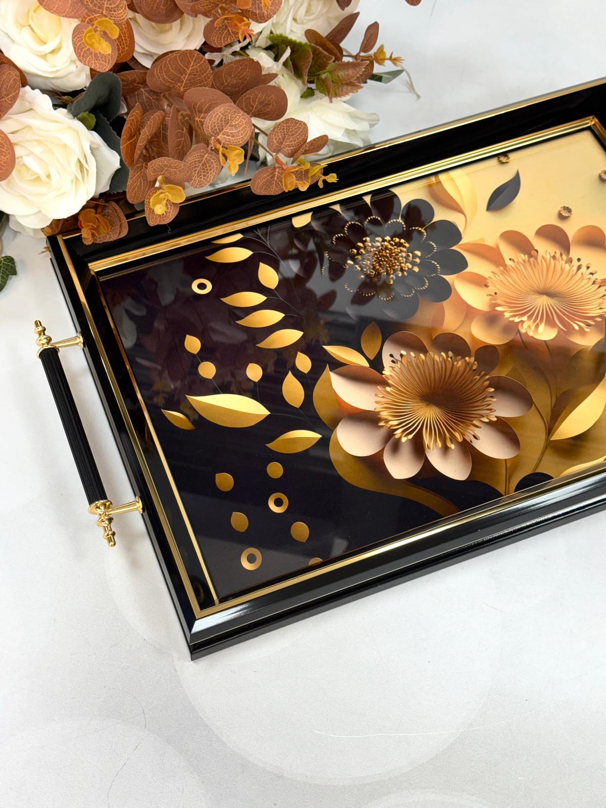 Dikdörtgen Lüx Tepsi Siyah Lotuslu 45/31 Cm