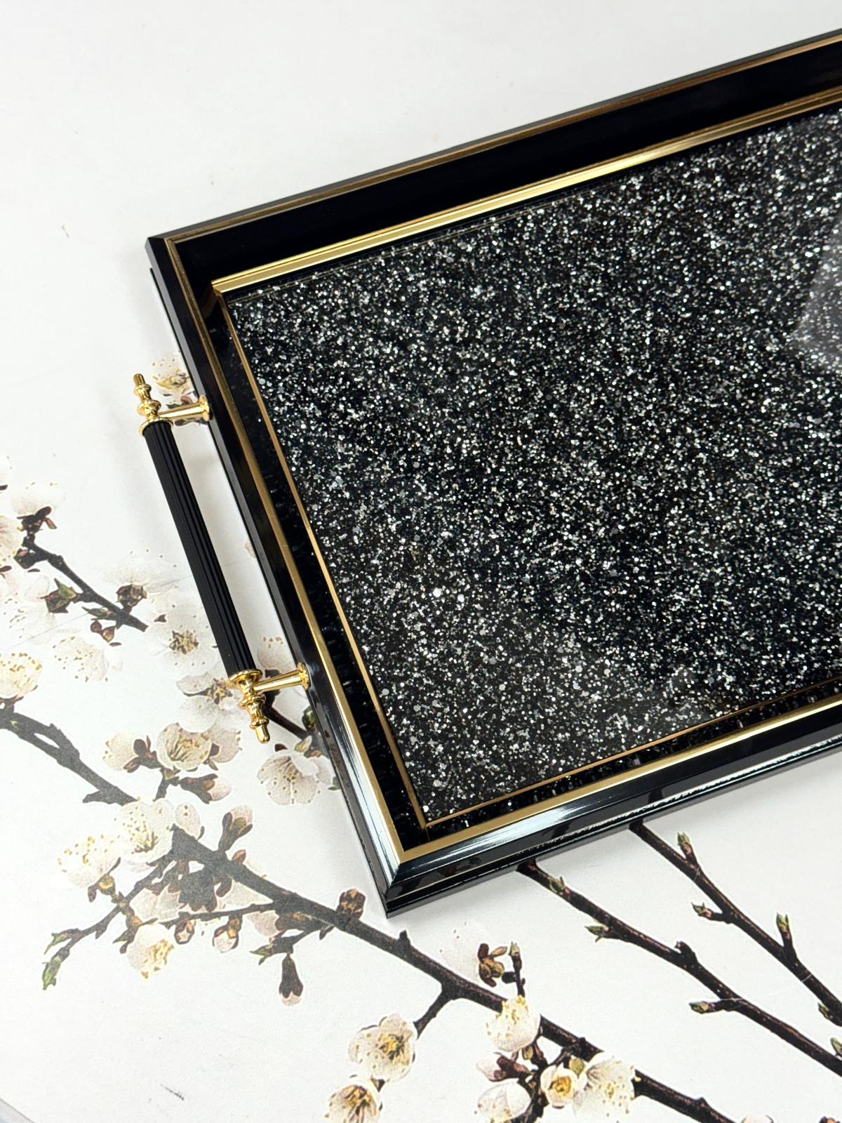 Dikdörtgen Lüx Tepsi Simli Siyah -Siyah Çerçeve 45/31 Cm