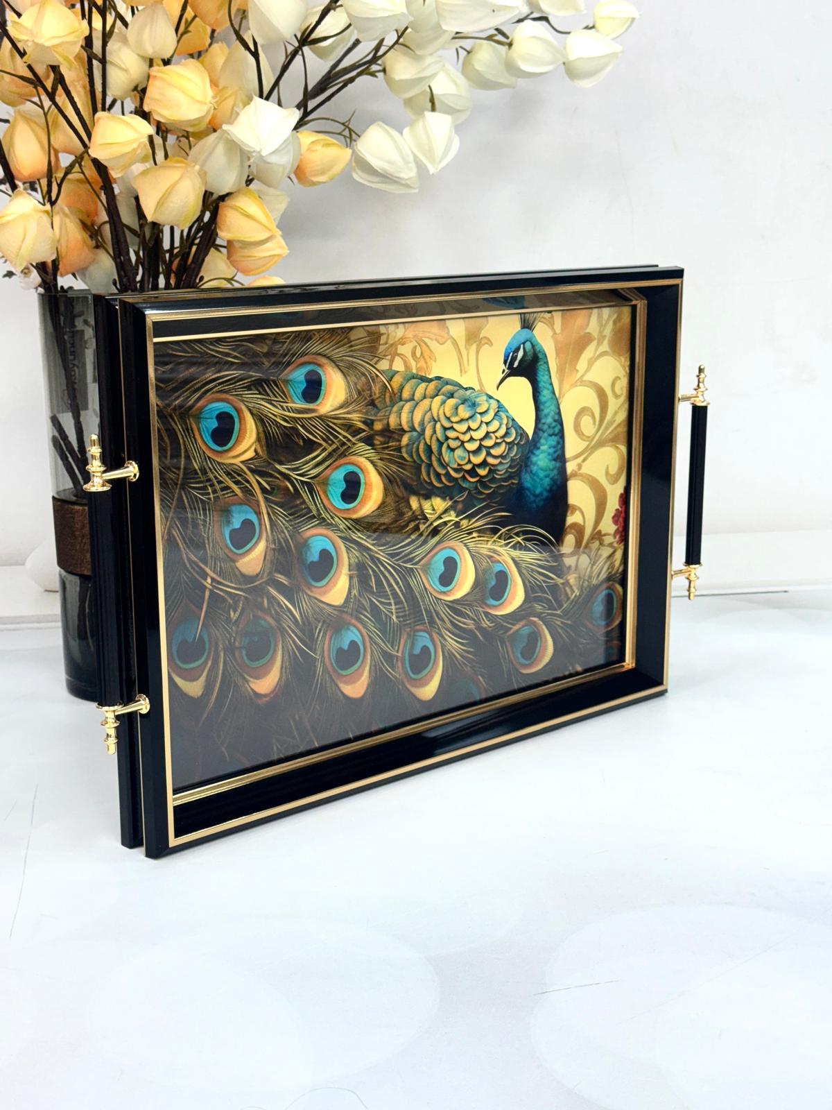 Dikdörtgen Lüx Tepsi Büyük Tavus Kuşlu 45/31 Cm