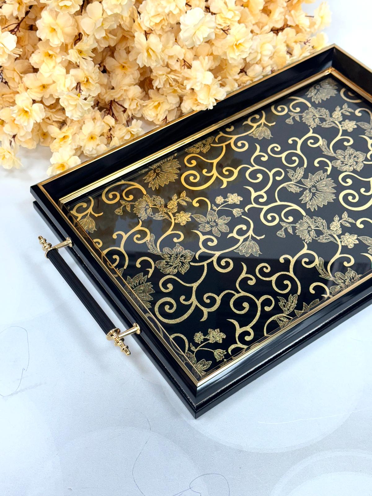 Dikdörtgen Lüx Tepsi Sarmaşık Çiçeli Gold 45/31 Cm
