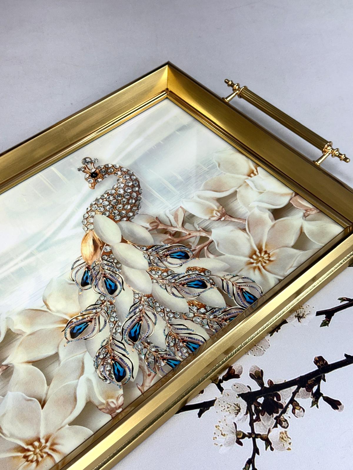 Dikdörtgen Lüx Tepsi Taşlı Tavus Kuşlu-GOLD 45/31 Cm