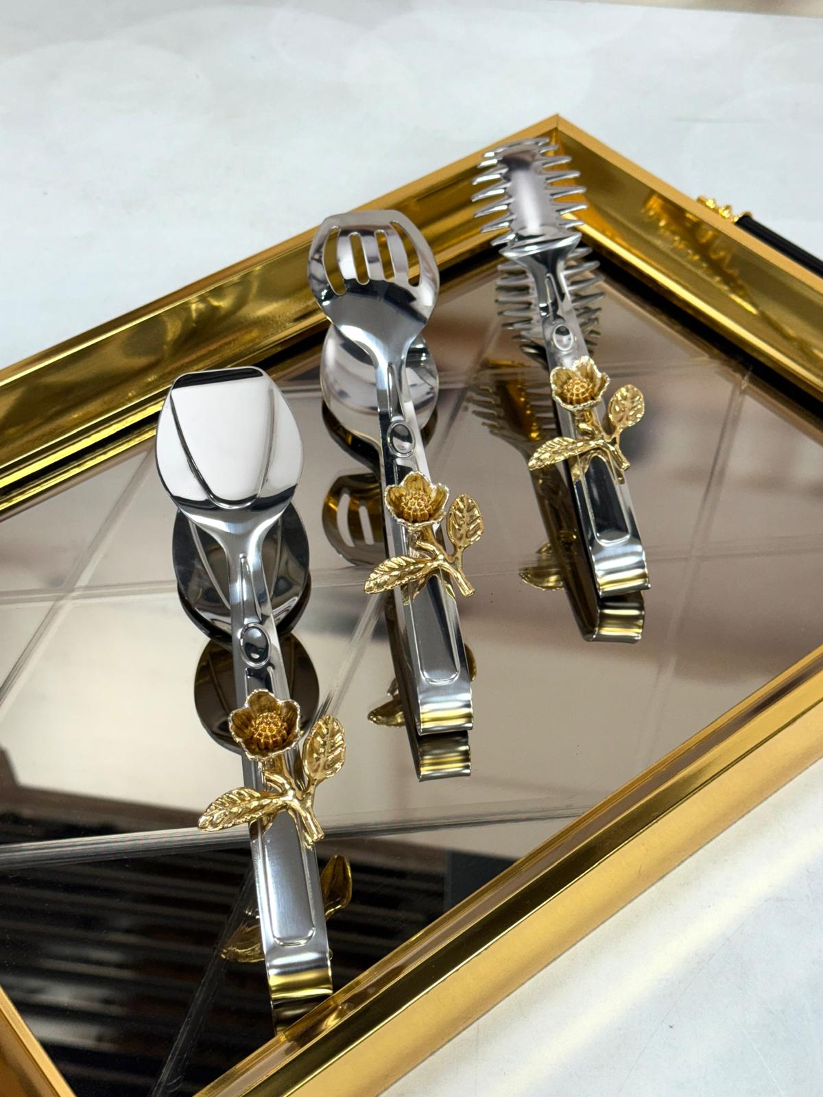 3 Lü Güllü Gümüş Maşa Seti 22 Cm