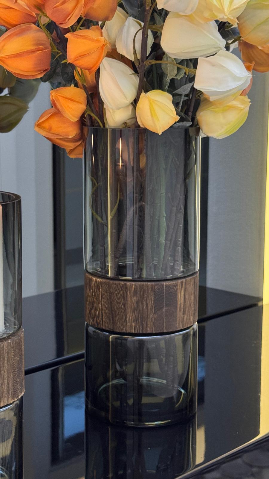 Ahşap Detaylı Cam Vazo 30/13 Cm