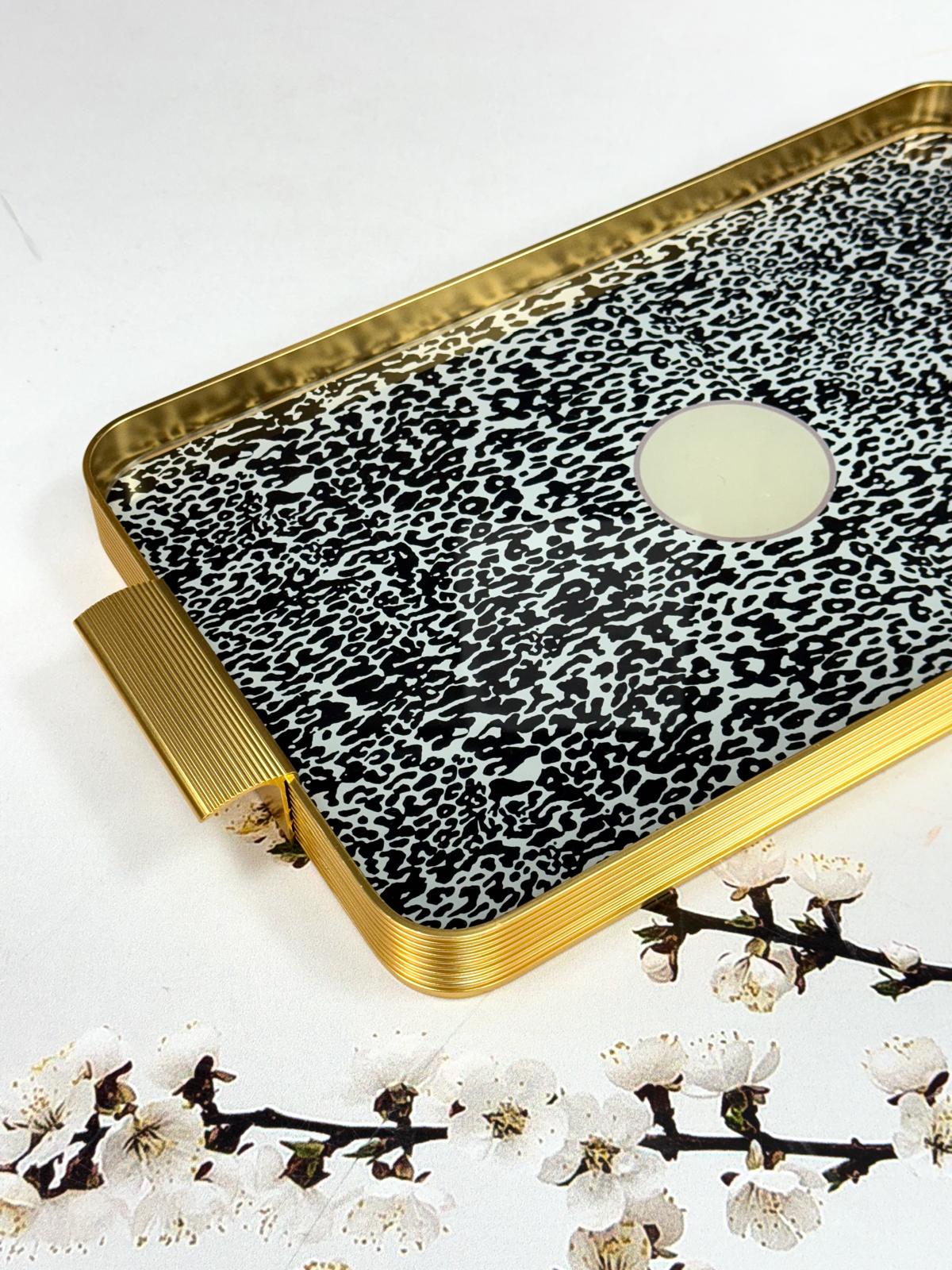 Metal Çerçeveli Cam Tepsi Leopar Desen 24/40 Cm