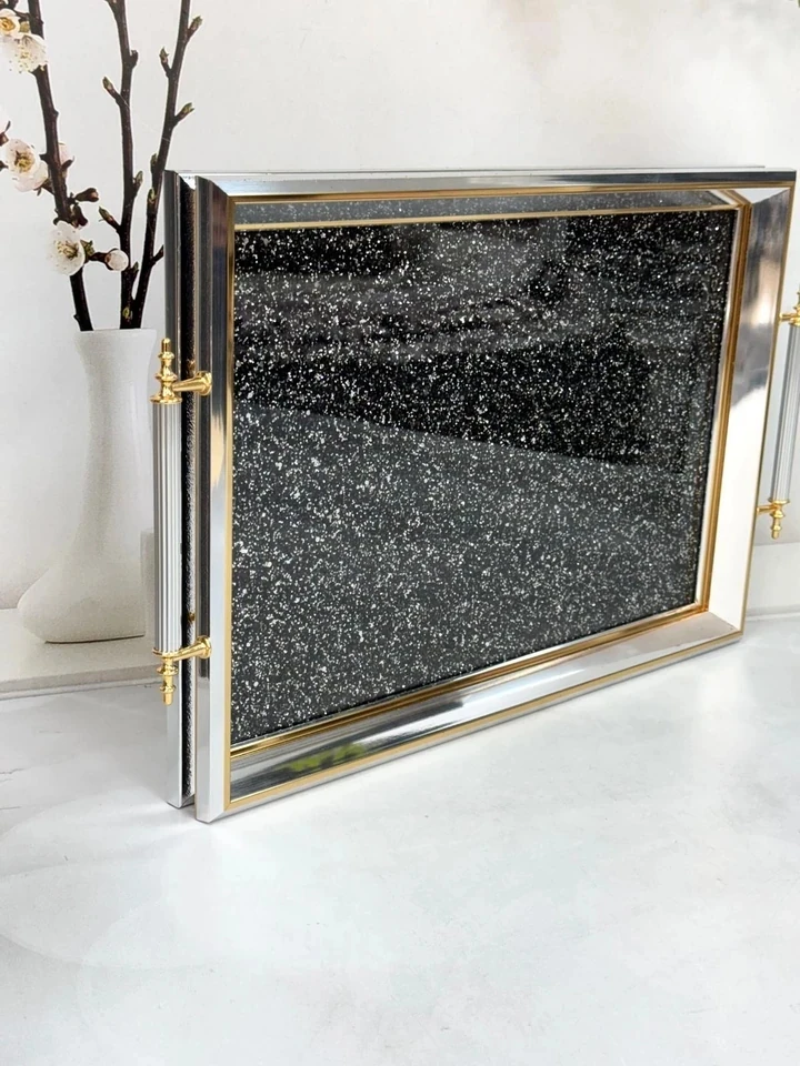 Simli Cam Tepsi-Gümüş Çerçeve 45/32 cm