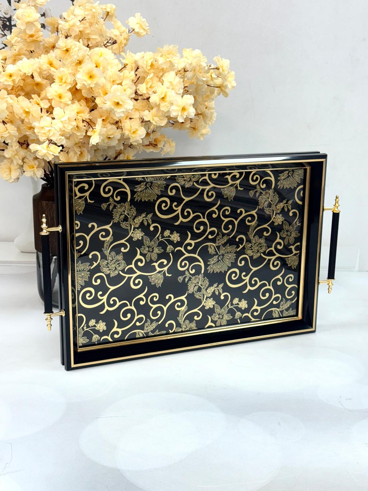 Dikdörtgen Lüx Tepsi Sarmaşık Çiçeli Gold 45/31 Cm