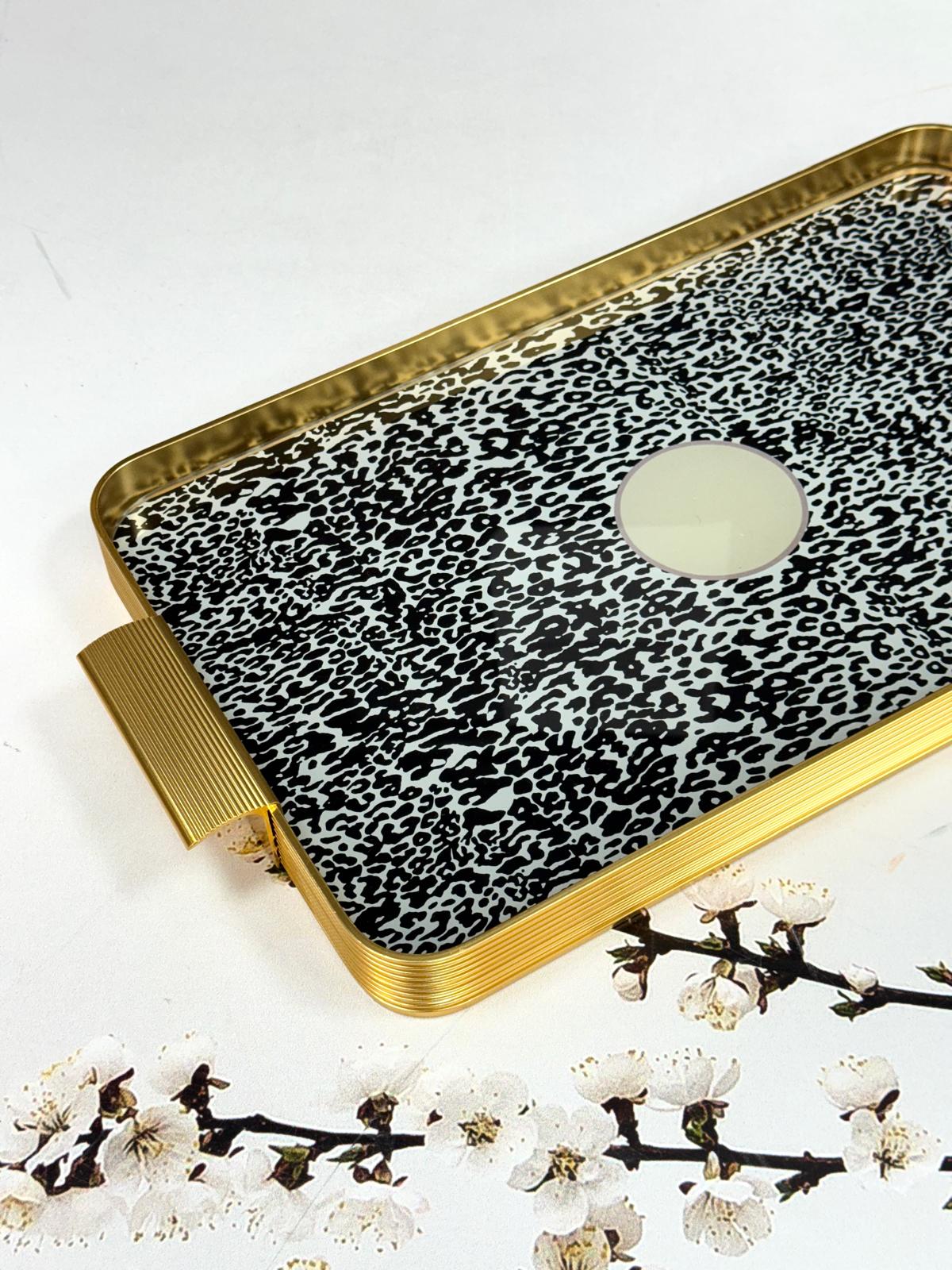 Metal Çerçeveli Cam Tepsi Leopar Desen 24/40 Cm