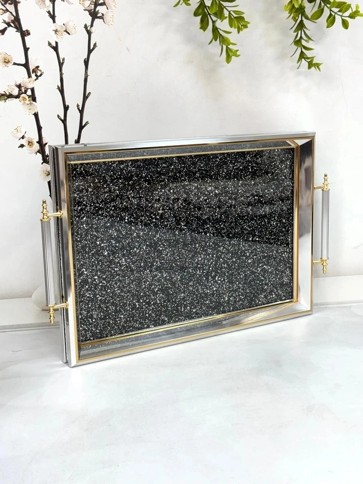 Simli Cam Tepsi-Gümüş Çerçeve 45/32 cm