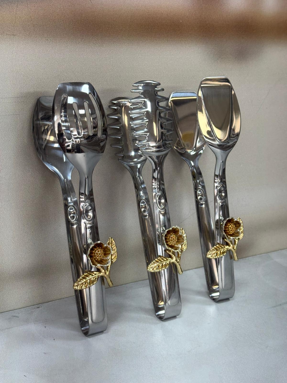 3 Lü Güllü Gümüş Maşa Seti 22 Cm