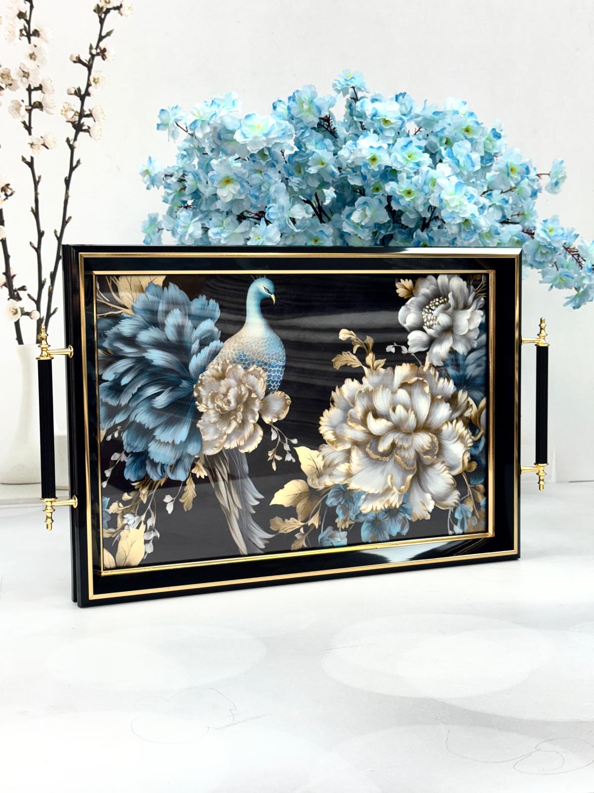 Dikdörtgen Lüx Tepsi Mavili Tavus Kuşlu 45/31 cm