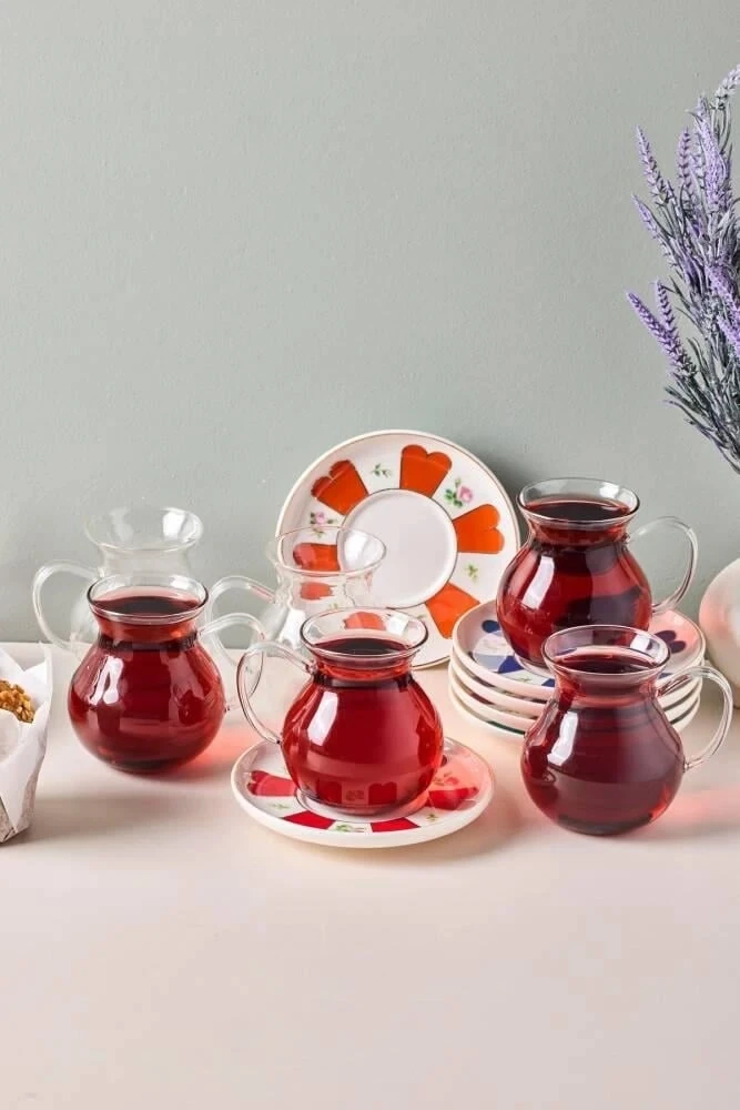 Perotti BEYOĞLU 12 PARÇA ÇAY SETİ KULPLU RENGARENK TABAKLI 210 ML