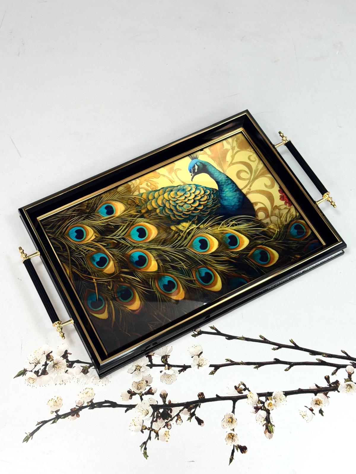 Dikdörtgen Lüx Tepsi Büyük Tavus Kuşlu 45/31 Cm