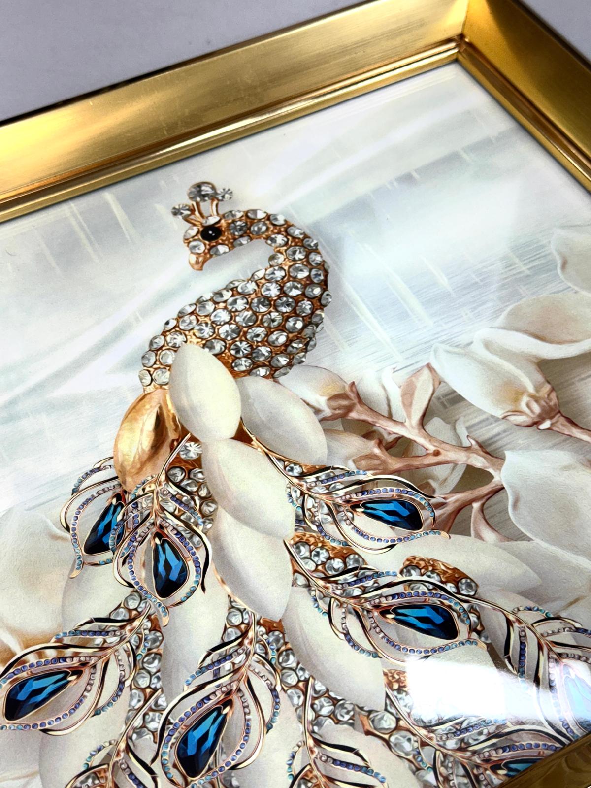 Dikdörtgen Lüx Tepsi Taşlı Tavus Kuşlu-GOLD 45/31 Cm