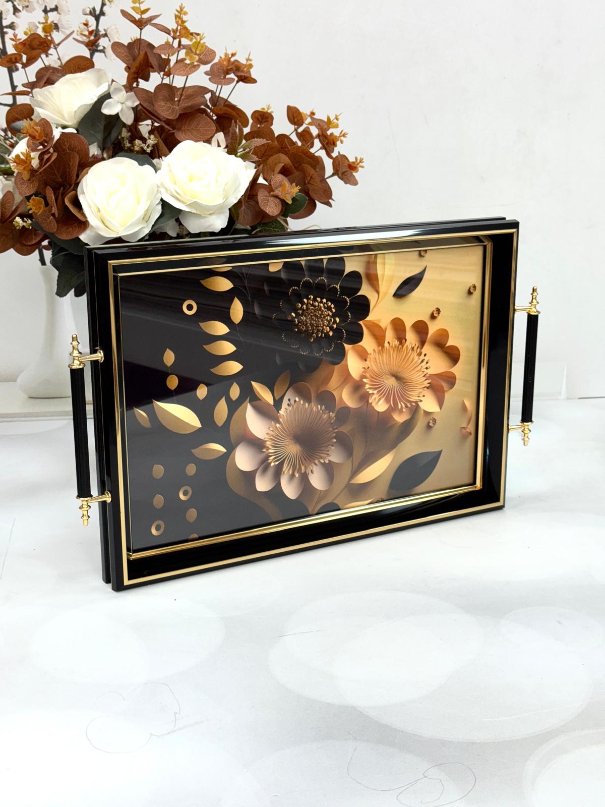 Dikdörtgen Lüx Tepsi Siyah Lotuslu 45/31 Cm