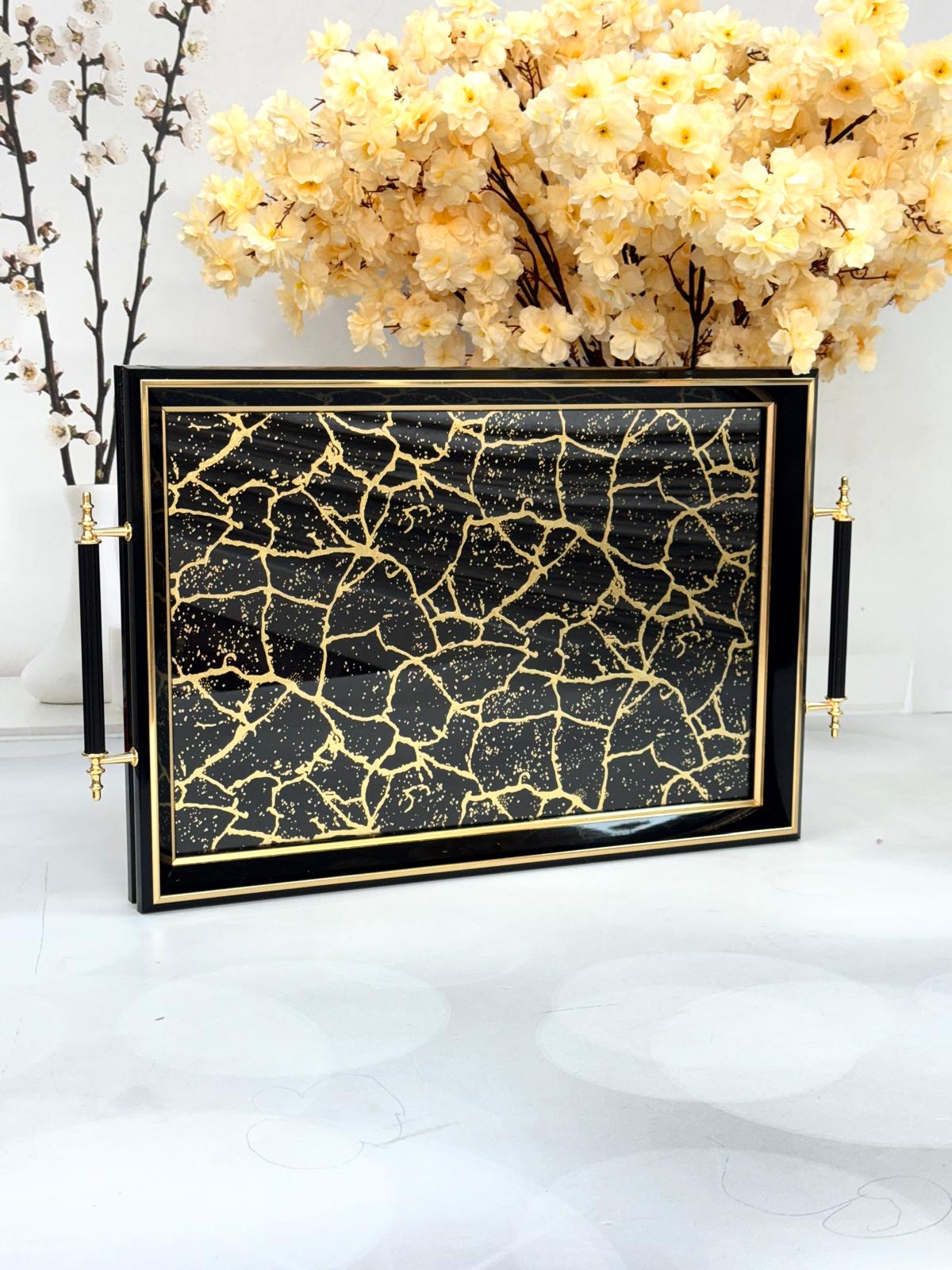 Dikdörtgen Lüx Tepsi Yoğun Gold Mermer Desen 45/31 Cm