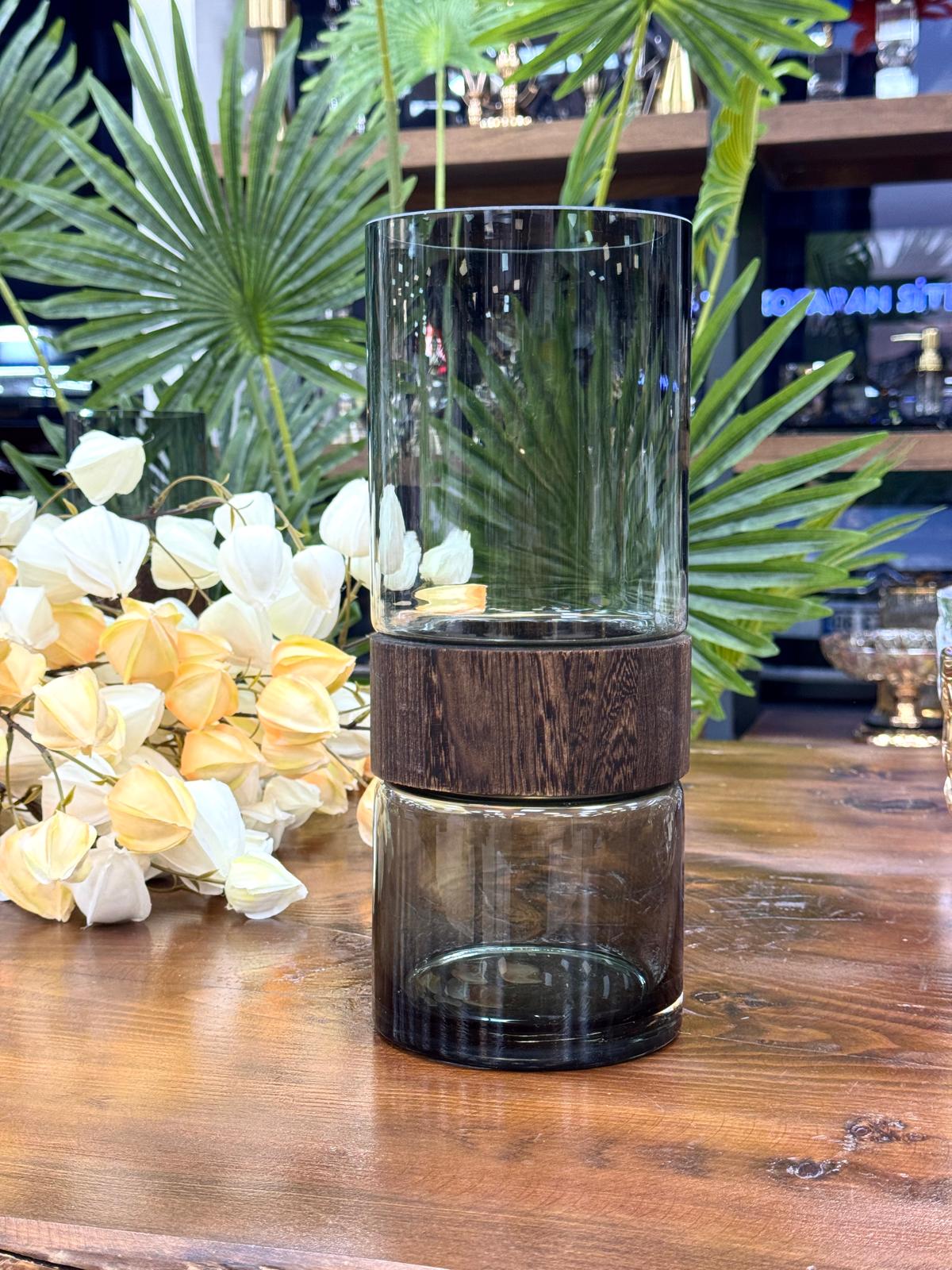 Ahşap Detaylı Cam Vazo 30/13 Cm