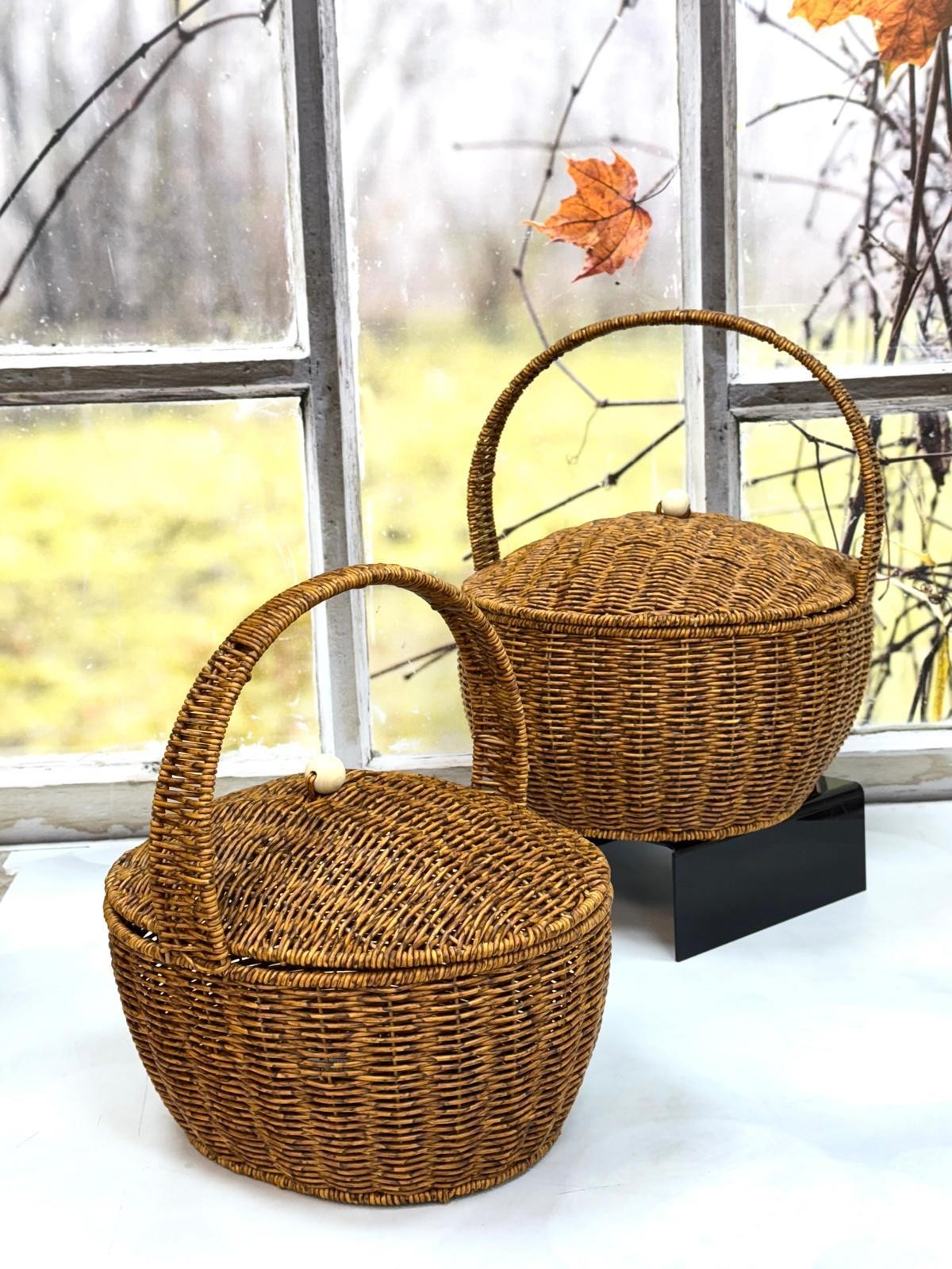 KOSAVA 2 Li Oval Kapaklı Rattan Sepet 39/30 - 31/28 cm
