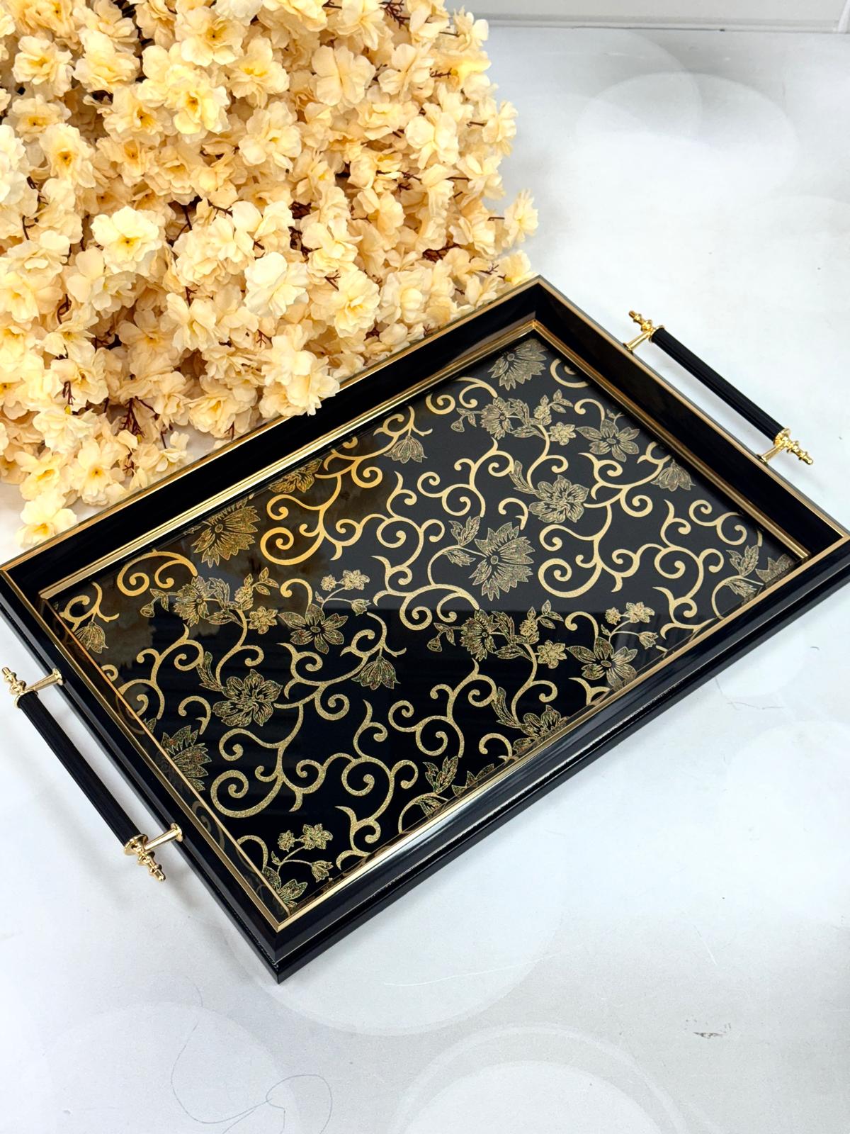 Dikdörtgen Lüx Tepsi Sarmaşık Çiçeli Gold 45/31 Cm