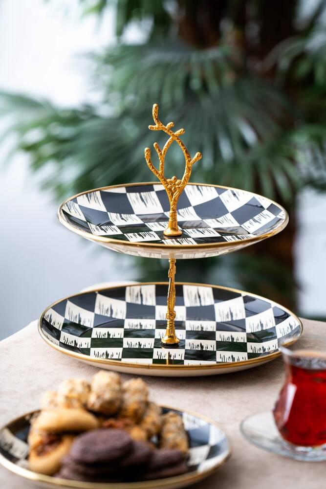 Qualita King Dama Dekor Emaye Büyük Katlı Kurabiyelik