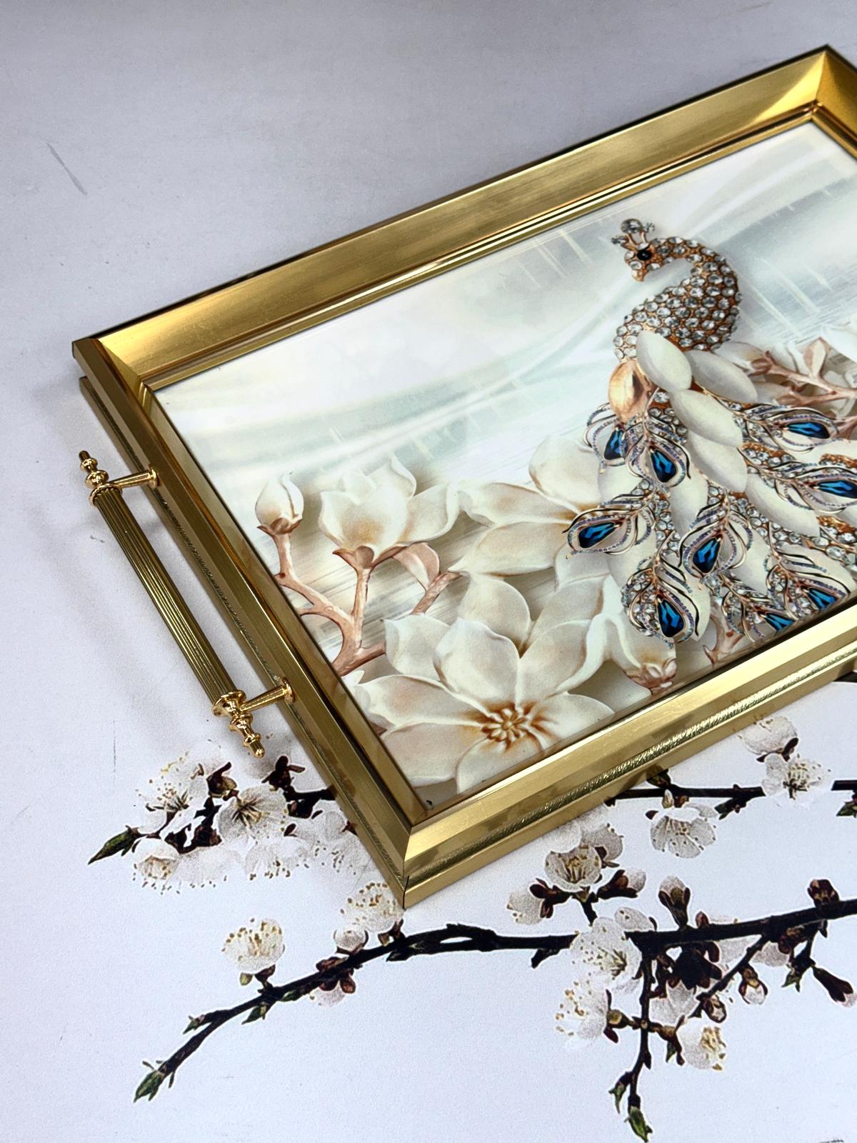 Dikdörtgen Lüx Tepsi Taşlı Tavus Kuşlu-GOLD 45/31 Cm