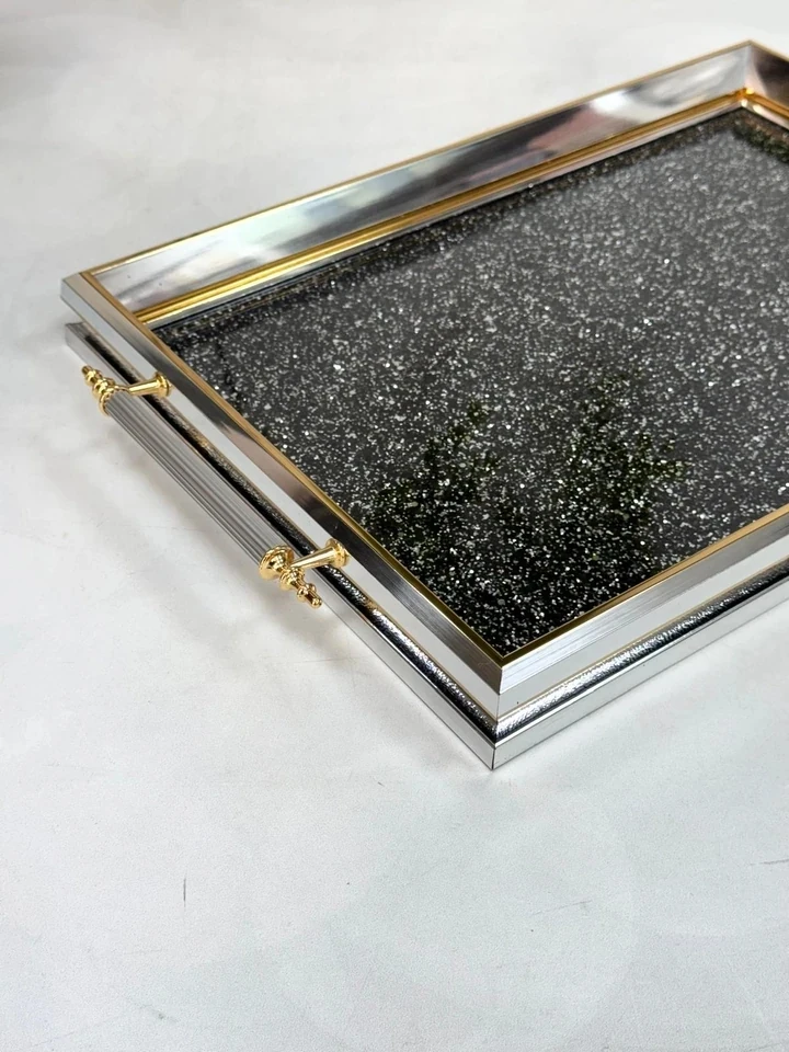 Simli Cam Tepsi-Gümüş Çerçeve 45/32 cm