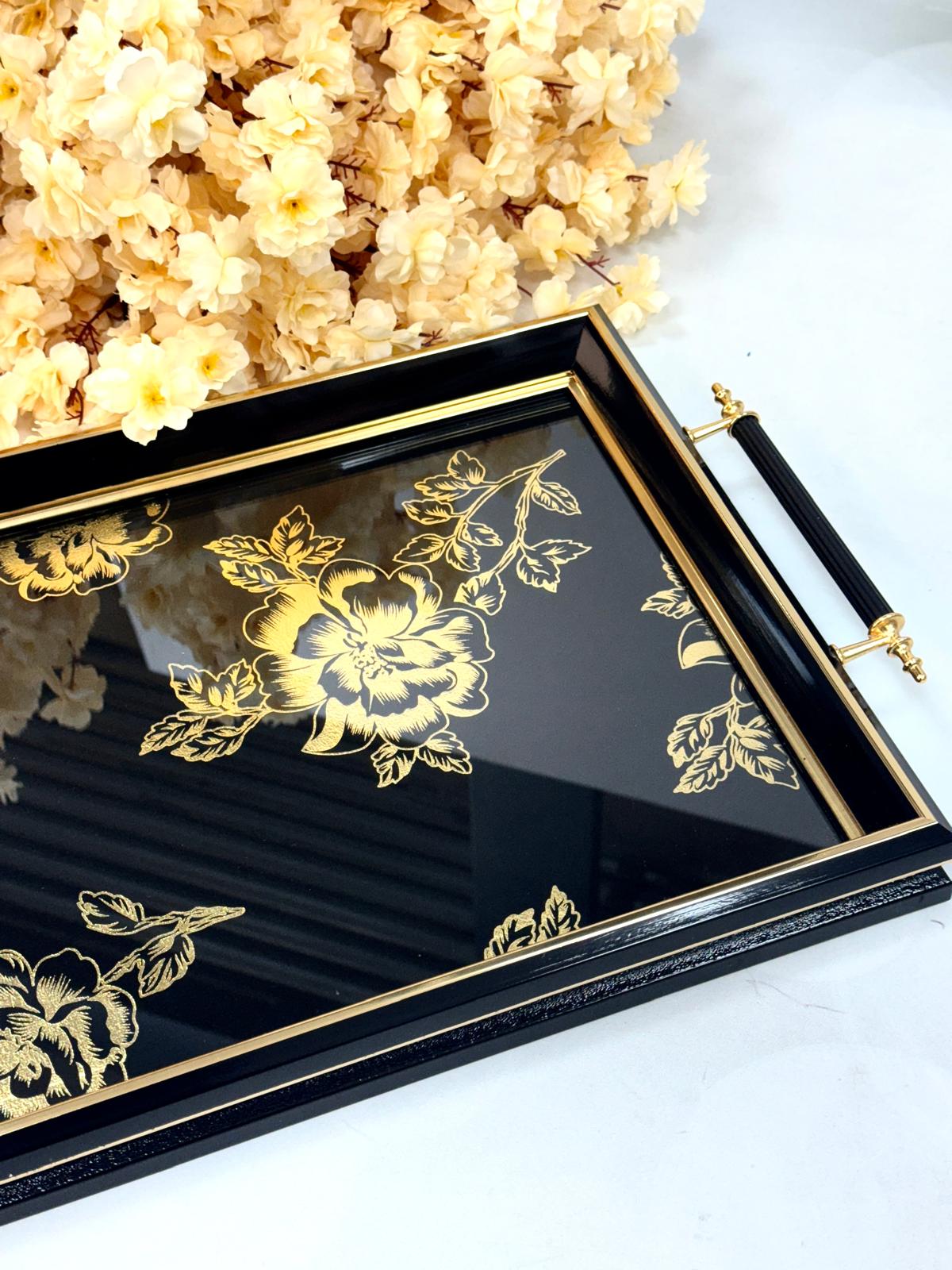 Dikdörtgen Lüx Tepsi Kadife Gold Güllü 45/31 Cm