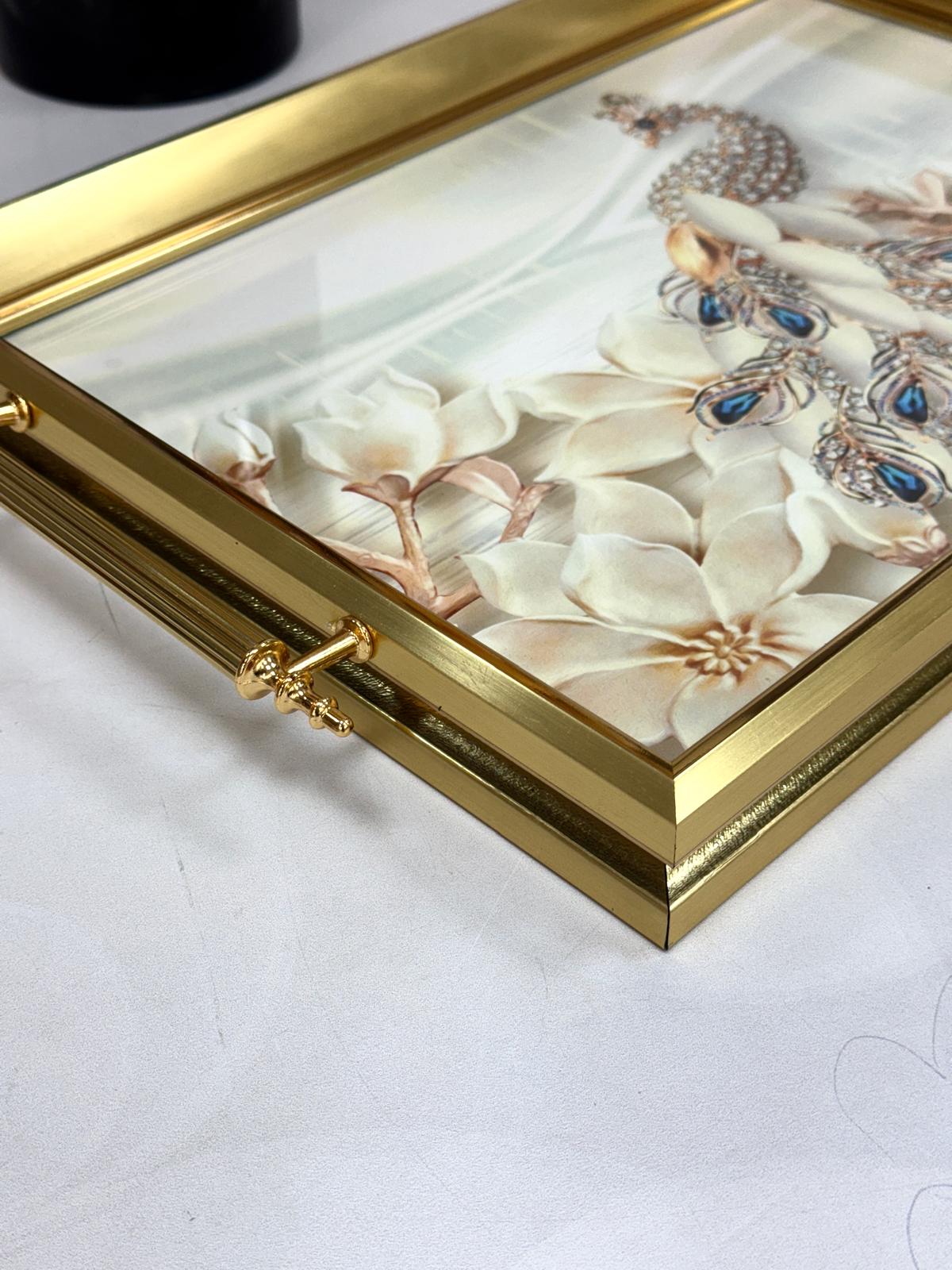 Dikdörtgen Lüx Tepsi Taşlı Tavus Kuşlu-GOLD 45/31 Cm