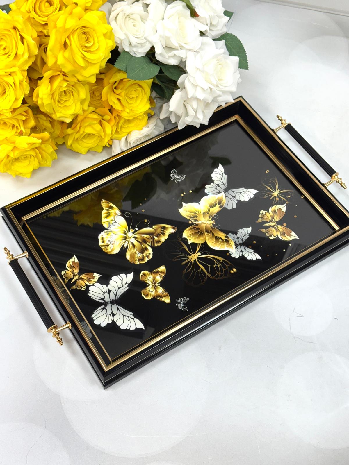 Dikdörtgen Lüx Tepsi Sarı Kelebekli 45/31 Cm