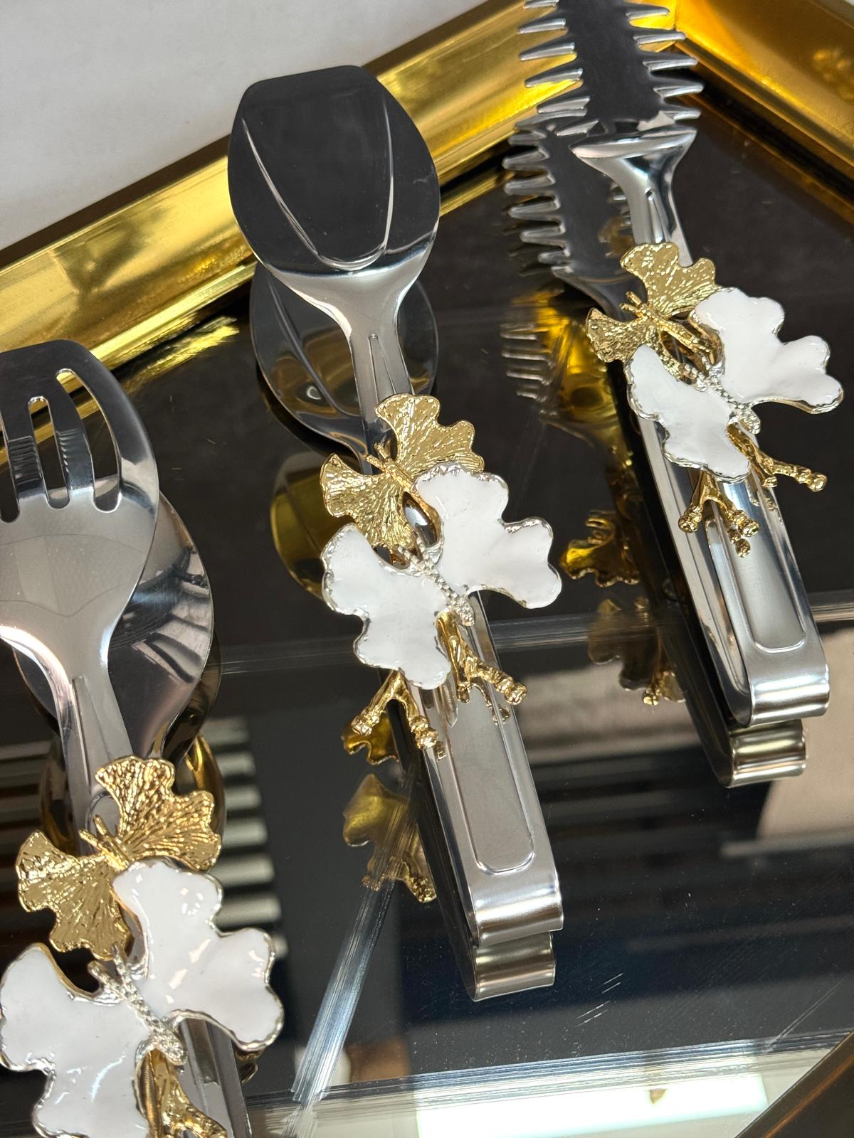 Gümüş Maşa Seti Beyaz Kelebekli 22 Cm