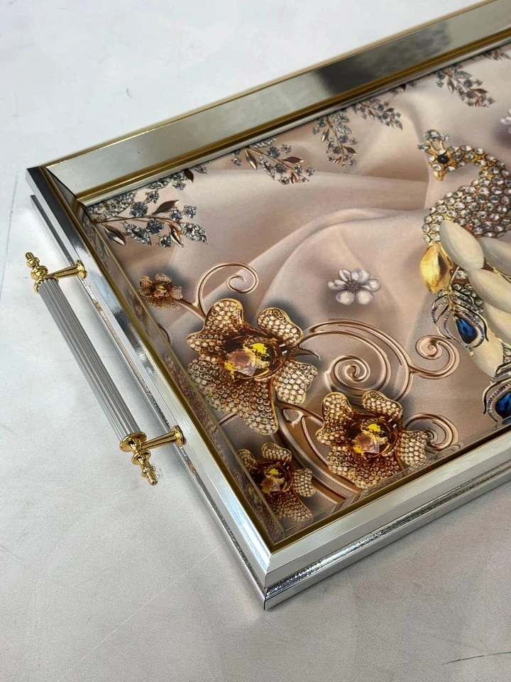 KOSAVA Ahşap Çerçeveli Cam Tepsi-GÜMÜŞ 44/32 cm