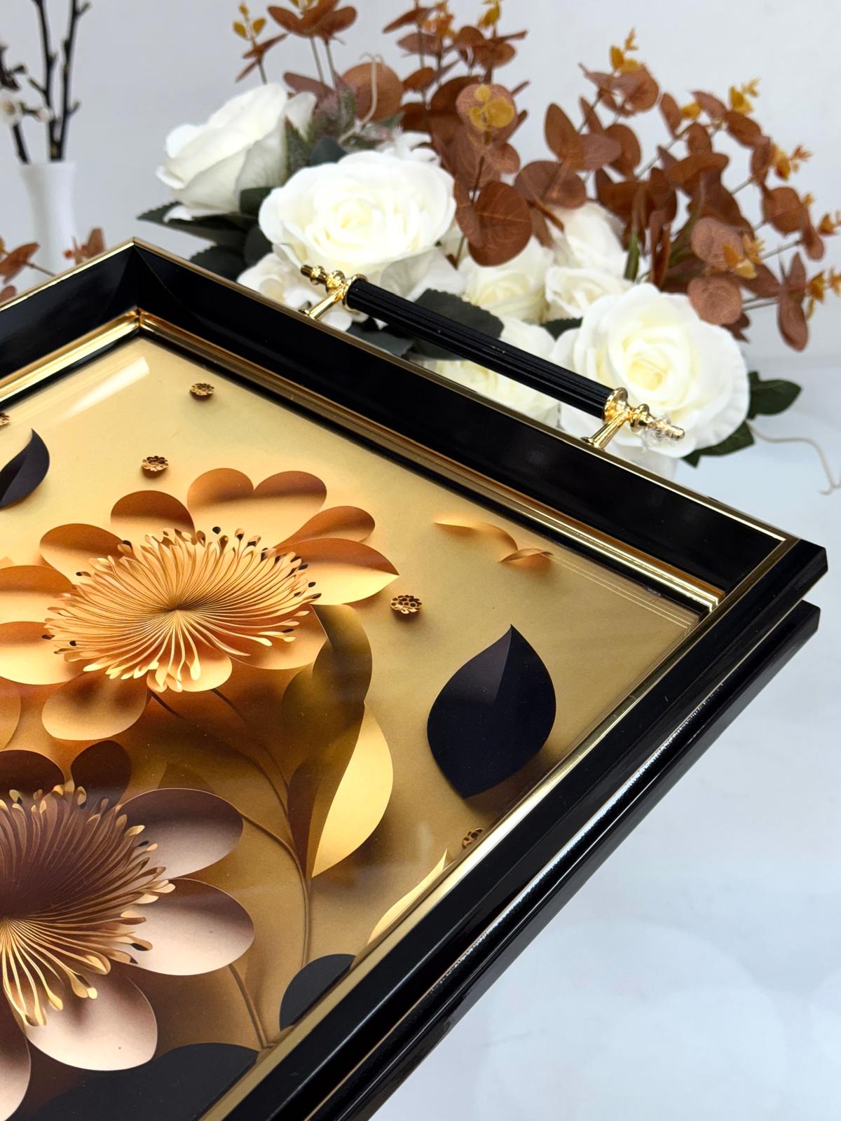 Dikdörtgen Lüx Tepsi Siyah Lotuslu 45/31 Cm