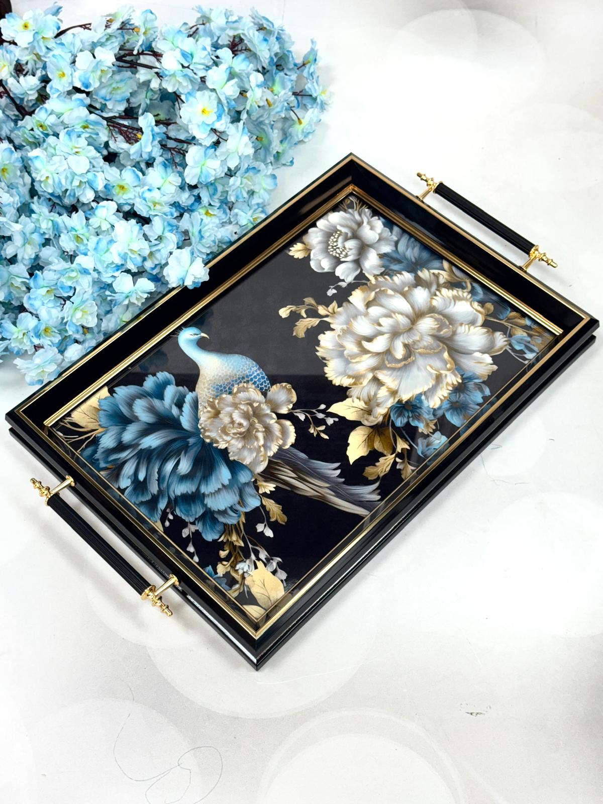 Dikdörtgen Lüx Tepsi Mavili Tavus Kuşlu 45/31 cm