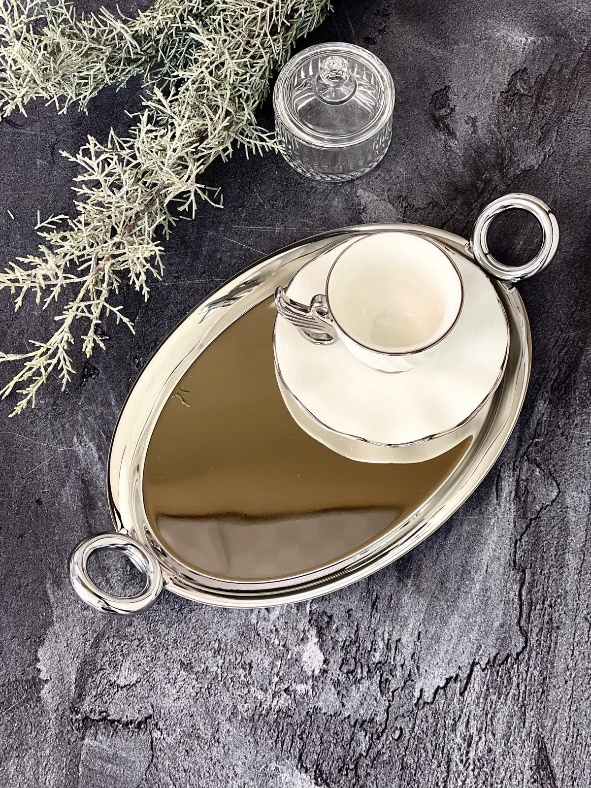 AROW Arow Luxury Oval   Gümüş  Kulp Tepsi 25x18 cm