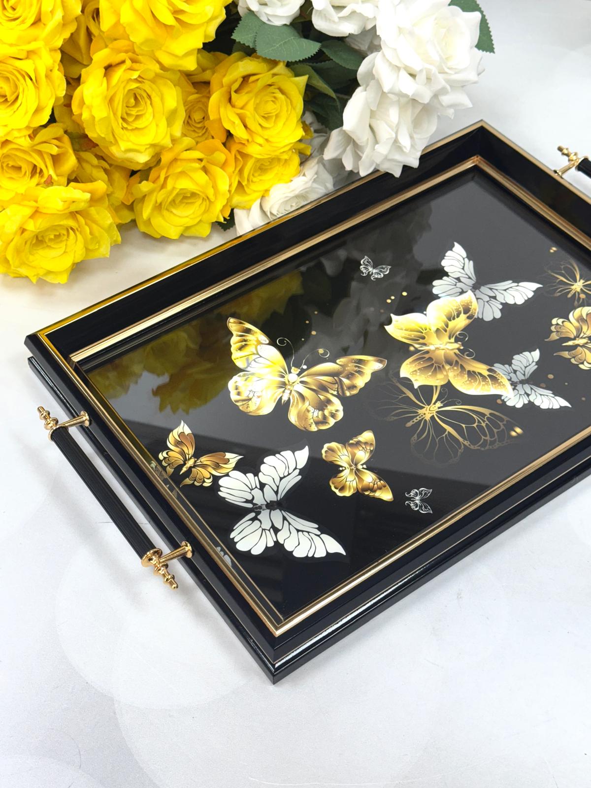 Dikdörtgen Lüx Tepsi Sarı Kelebekli 45/31 Cm