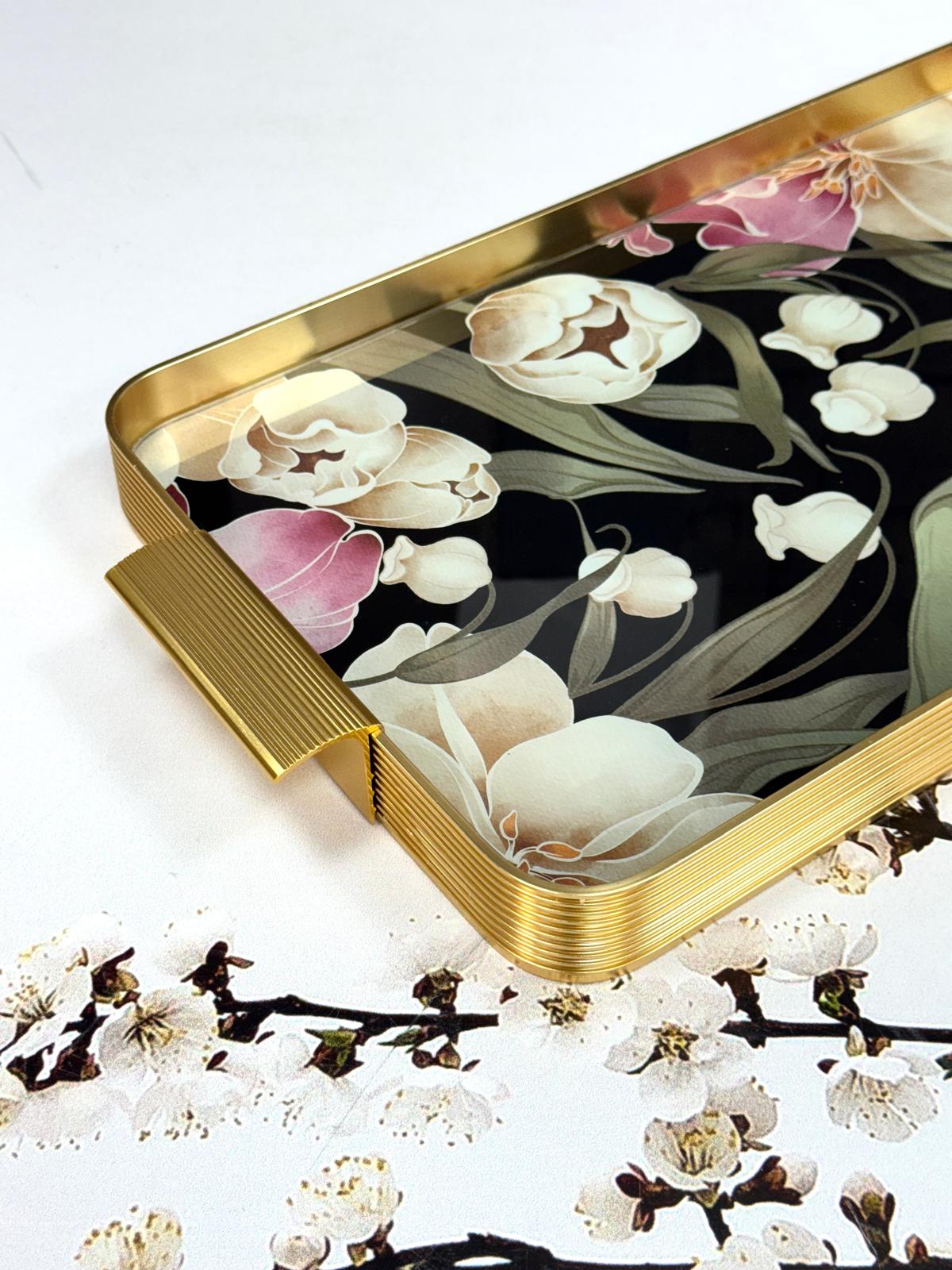 Metal Çerçeveli Cam Tepsi Çiçek Desen 24/40 Cm