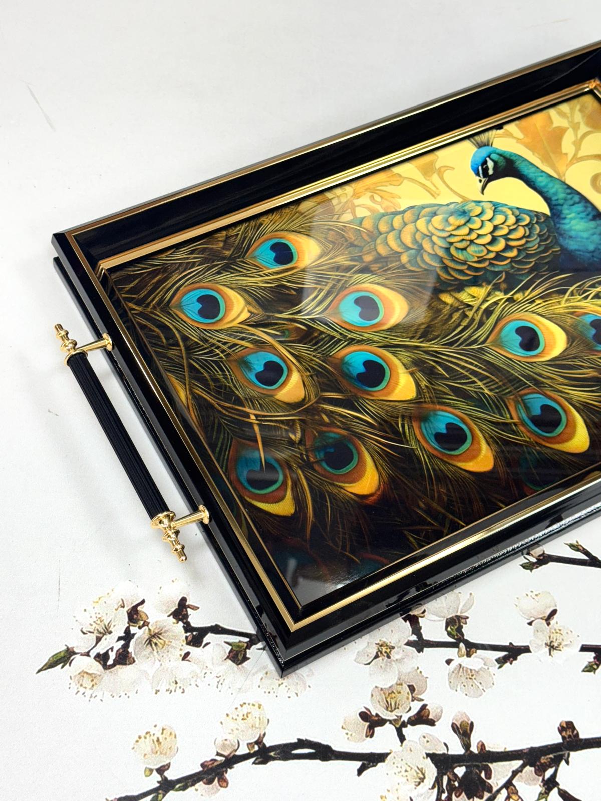 Dikdörtgen Lüx Tepsi Büyük Tavus Kuşlu 45/31 Cm