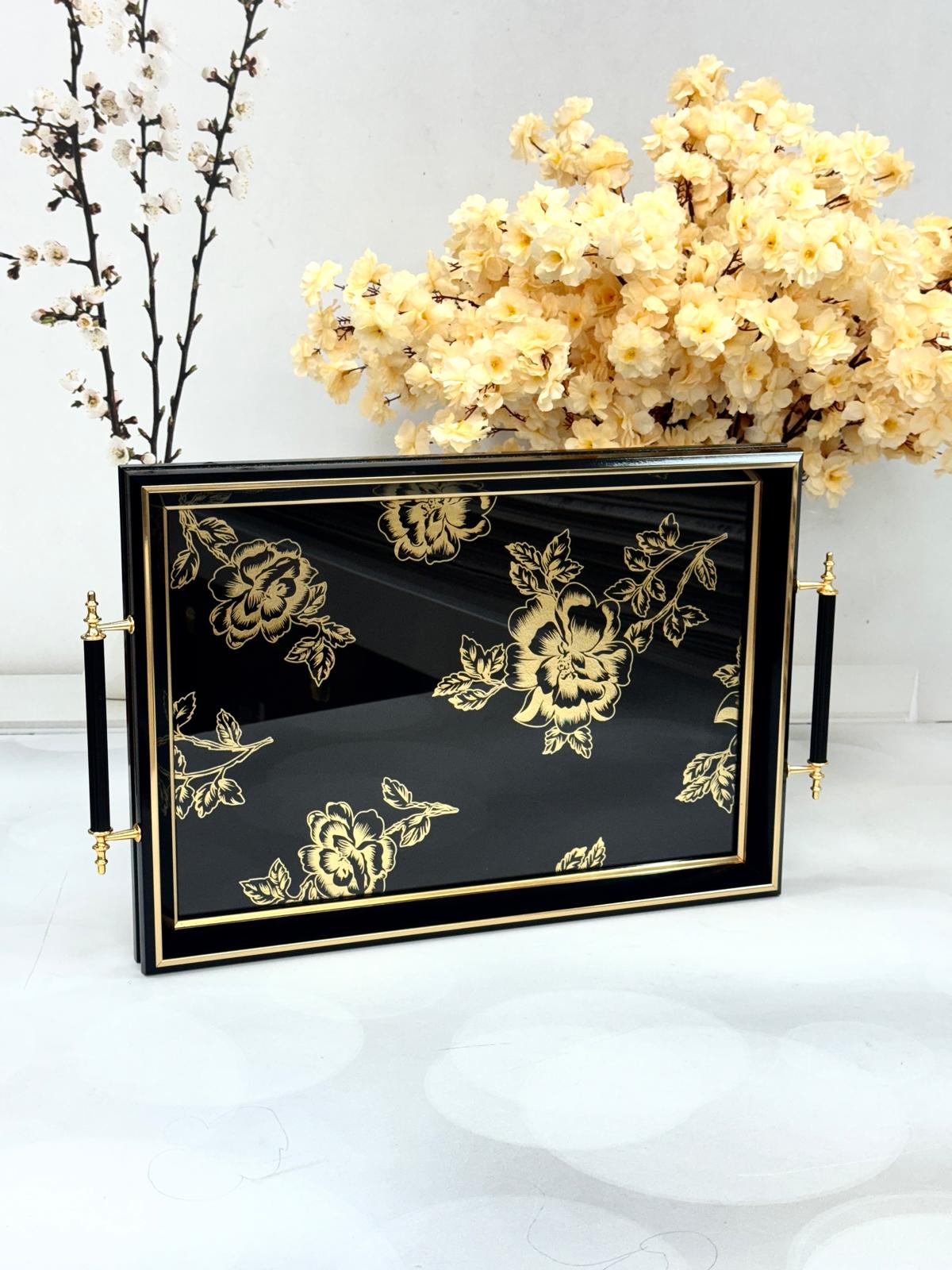 Dikdörtgen Lüx Tepsi Kadife Gold Güllü 45/31 Cm