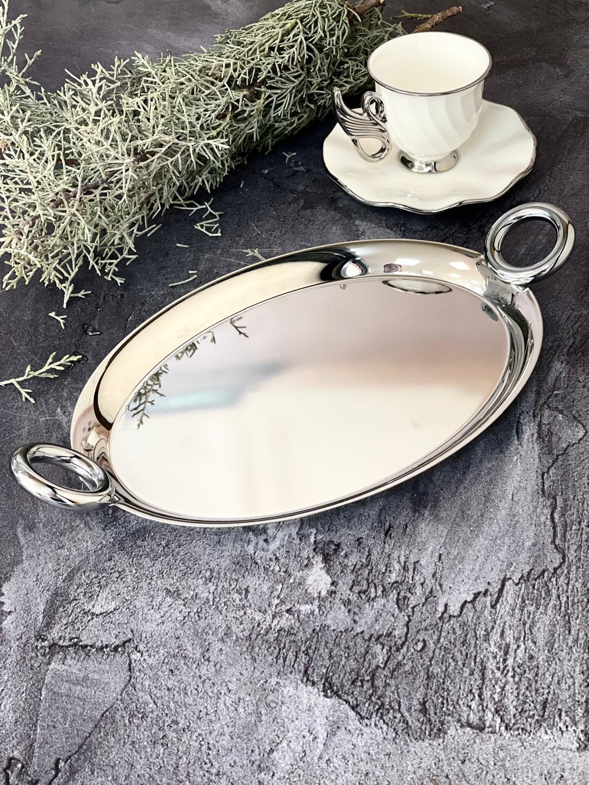 AROW Arow Luxury Oval   Gümüş  Kulp Tepsi 25x18 cm
