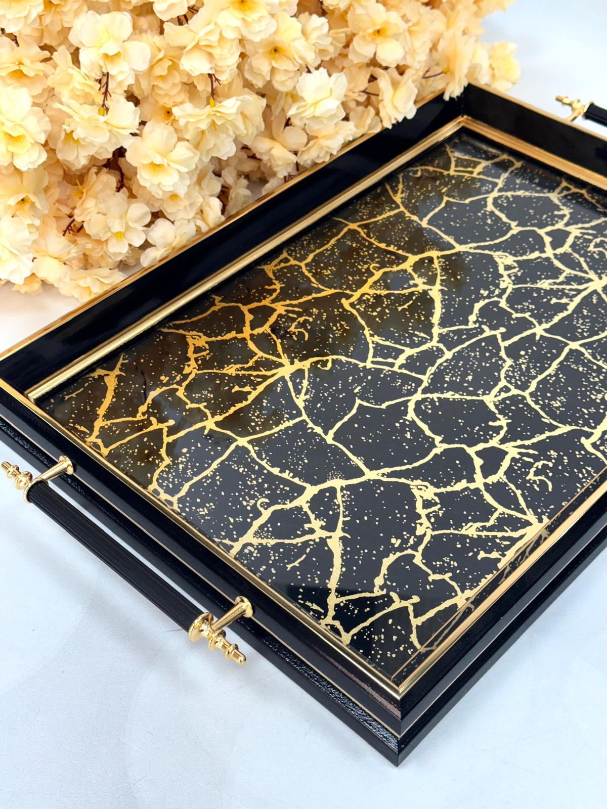 Dikdörtgen Lüx Tepsi Yoğun Gold Mermer Desen 45/31 Cm