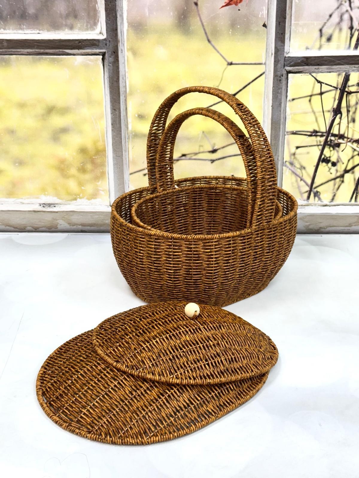 KOSAVA 2 Li Oval Kapaklı Rattan Sepet 39/30 - 31/28 cm