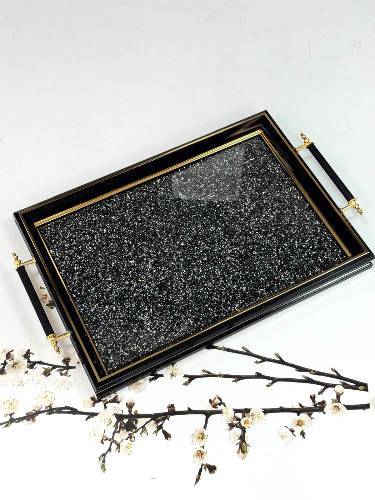 Dikdörtgen Lüx Tepsi Simli Siyah -Siyah Çerçeve 45/31 Cm