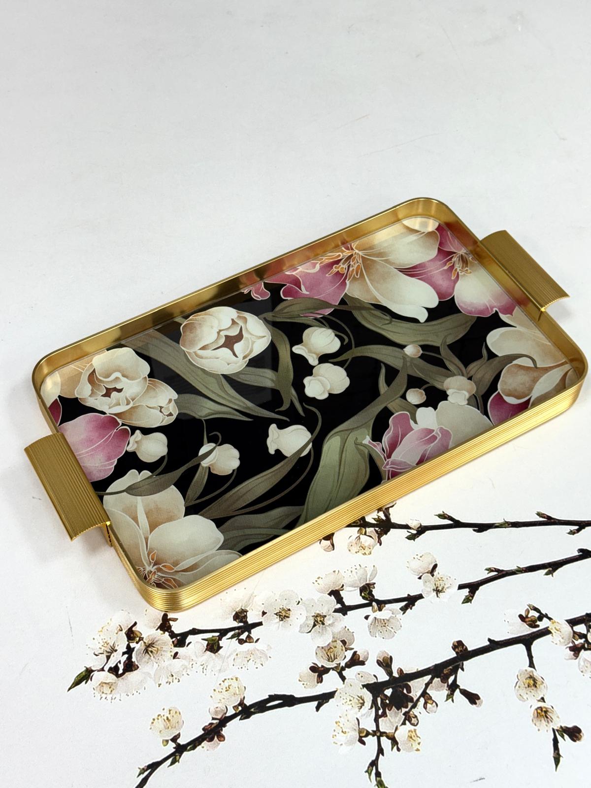 Metal Çerçeveli Cam Tepsi Çiçek Desen 24/40 Cm