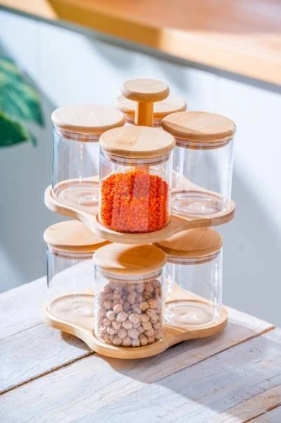 ACAR Malıbu 8 Li Bambu Stanlı Cam Baharat Seti