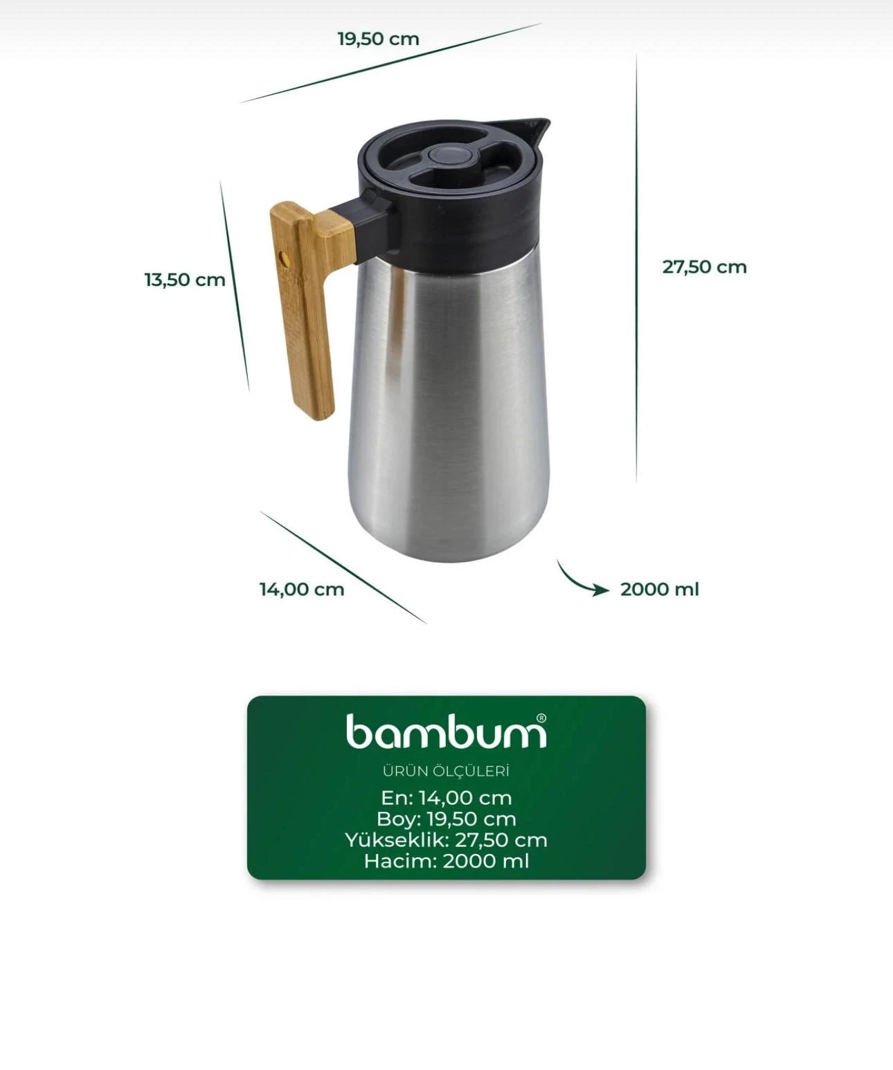 NORTH BAMBU SAPLI ÇELİK TERMOS 2 LİTRE-INOX