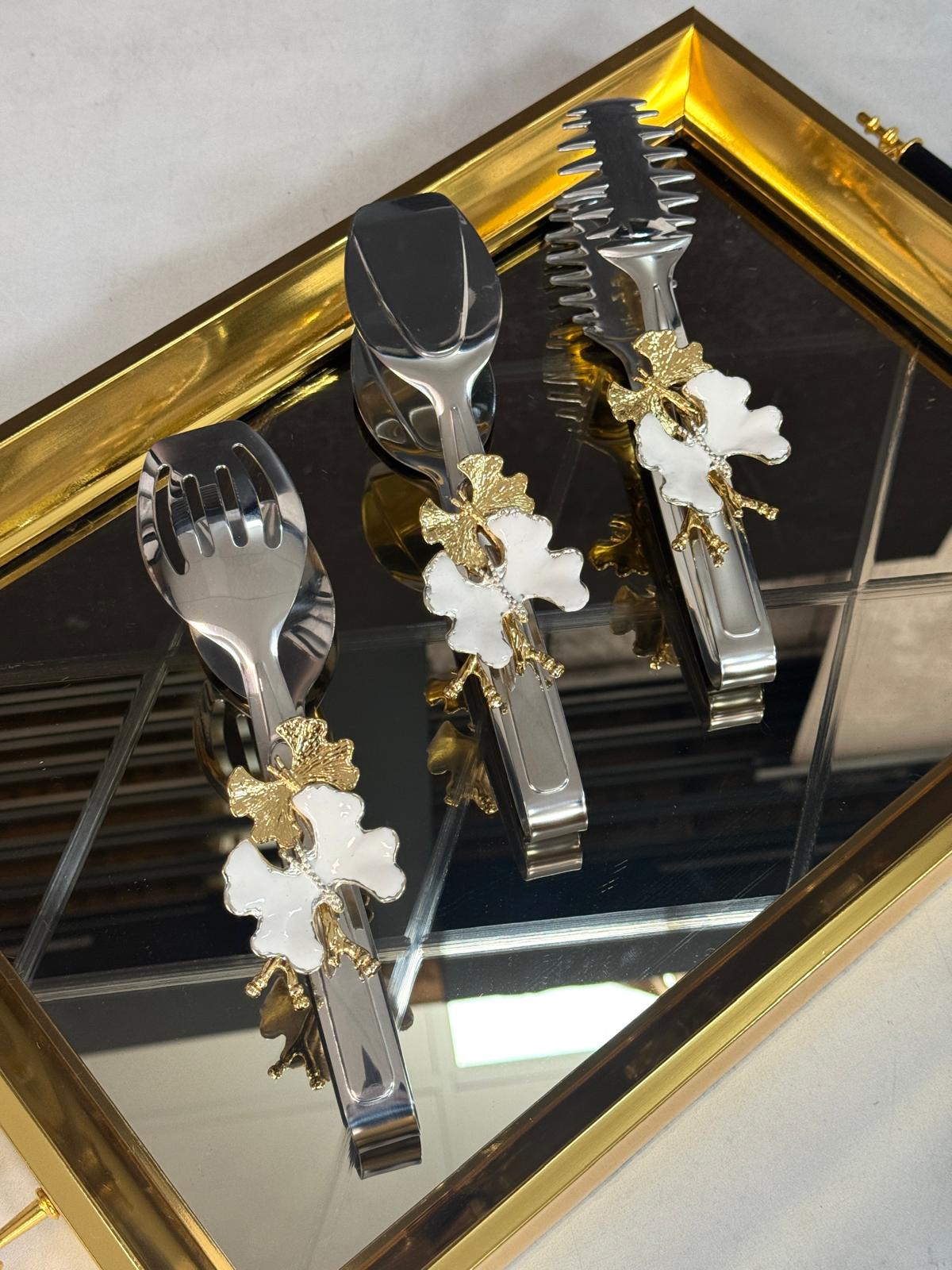 Gümüş Maşa Seti Beyaz Kelebekli 22 Cm