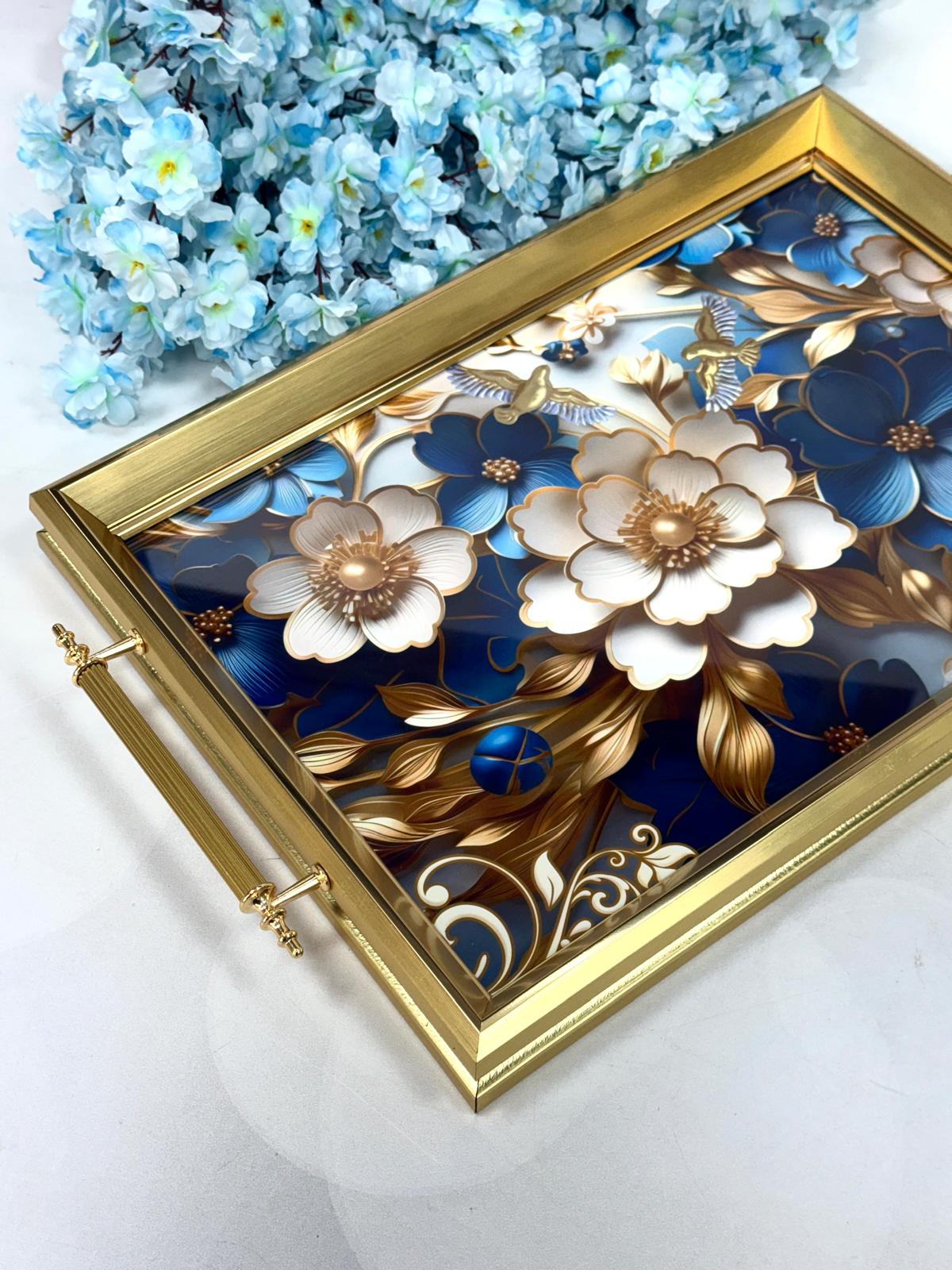 Dikdörtgen Lüx Tepsi Mavi-Beyaz Güllü 45/31 Cm