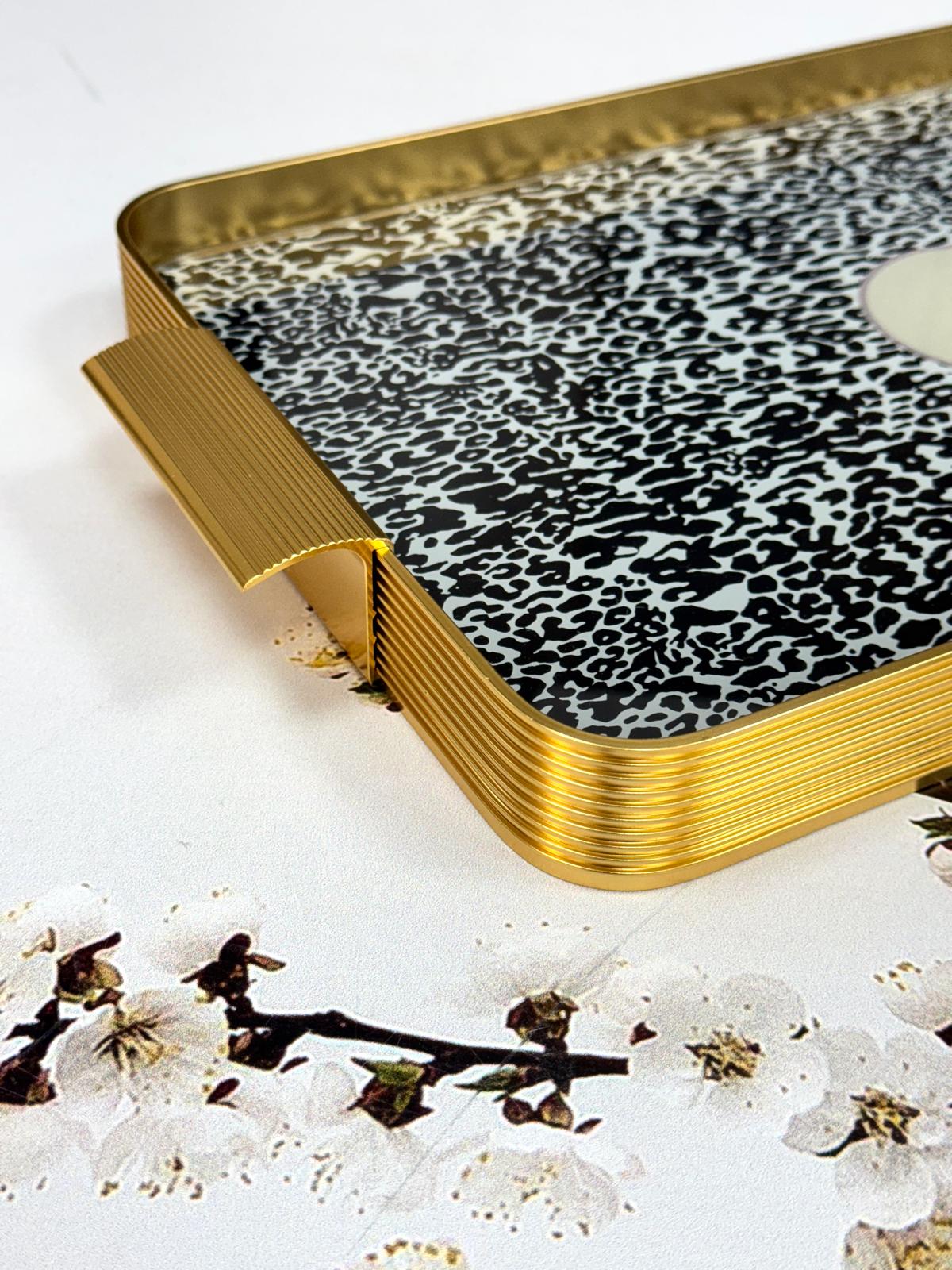 Metal Çerçeveli Cam Tepsi Leopar Desen 24/40 Cm